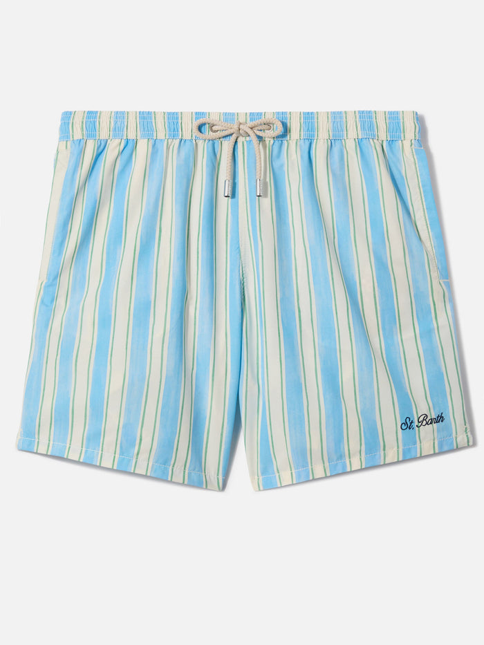Syros Swim Shorts With Light Blue Striped Pattern And Logo Embroidery White Swimshort
