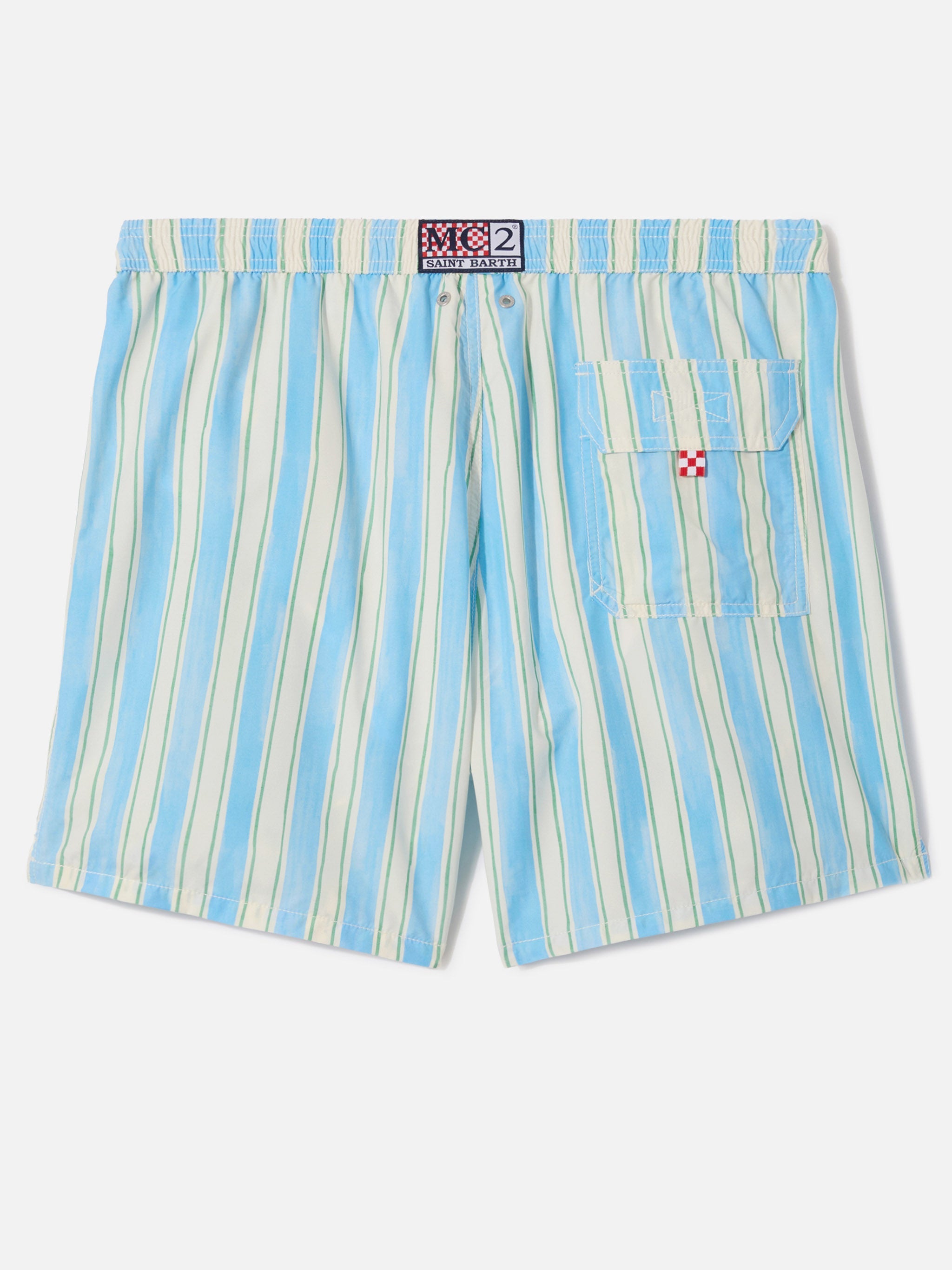 Syros Swim Shorts With Light Blue Striped Pattern And Logo Embroidery White Swimshort
