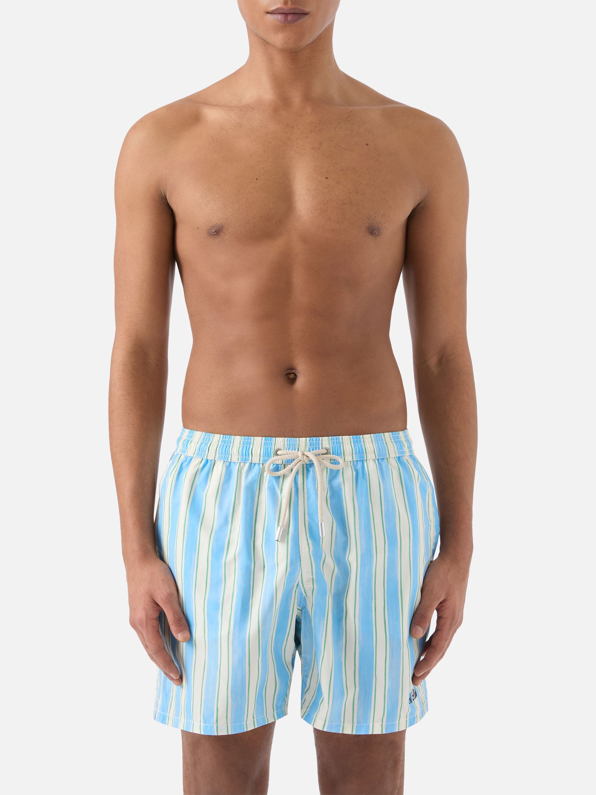 Syros Swim Shorts With Light Blue Striped Pattern And Logo Embroidery White Swimshort