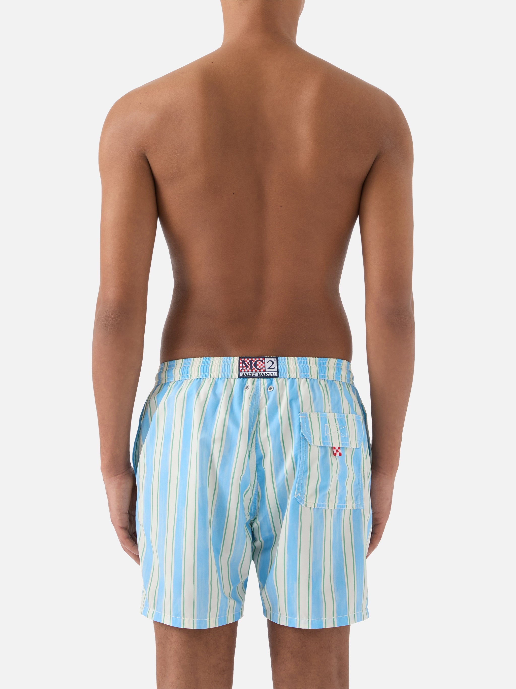 Syros Swim Shorts With Light Blue Striped Pattern And Logo Embroidery White Swimshort