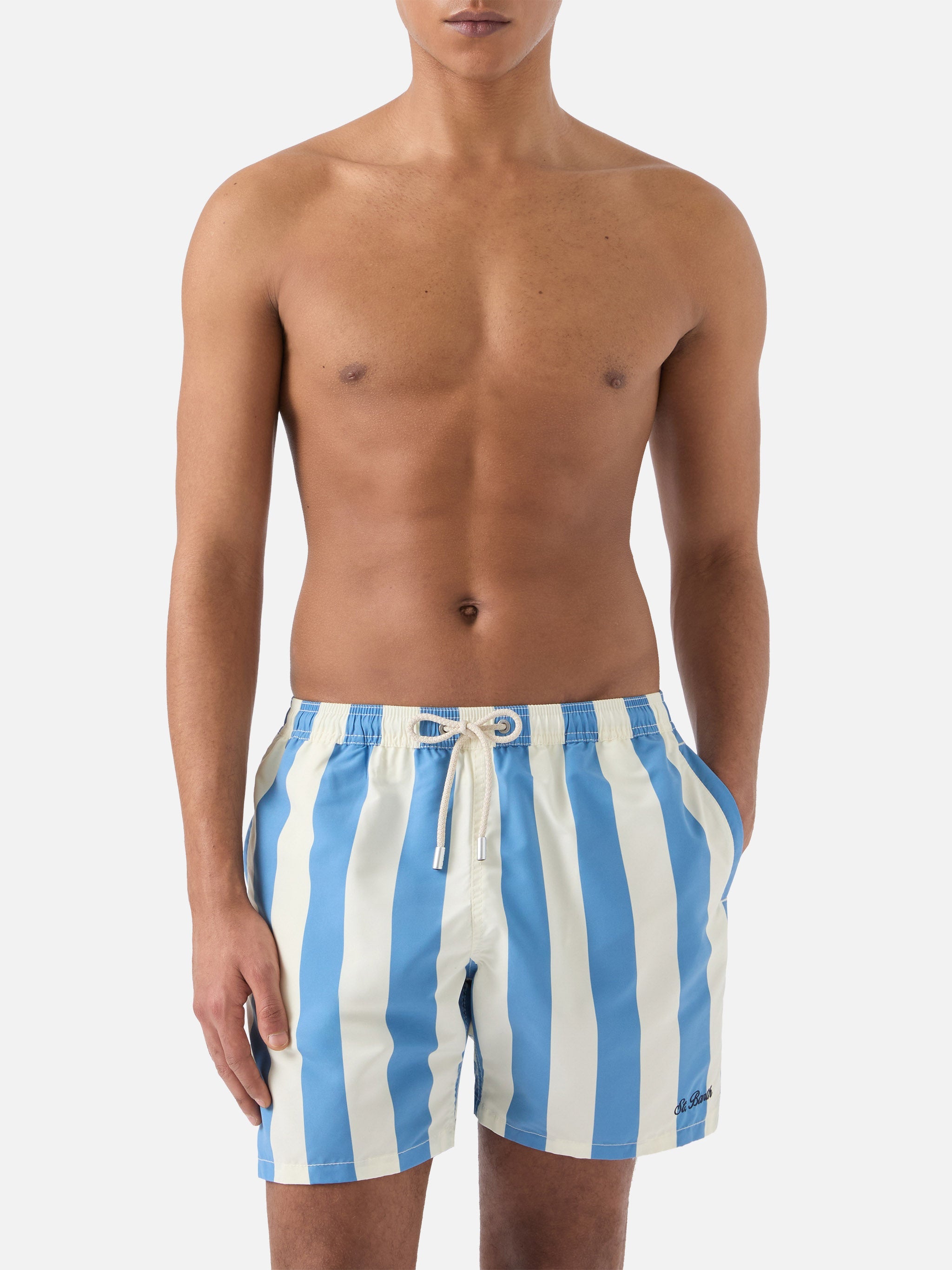 Syros Swim Shorts With White And Light Blue Stripes Swimshort