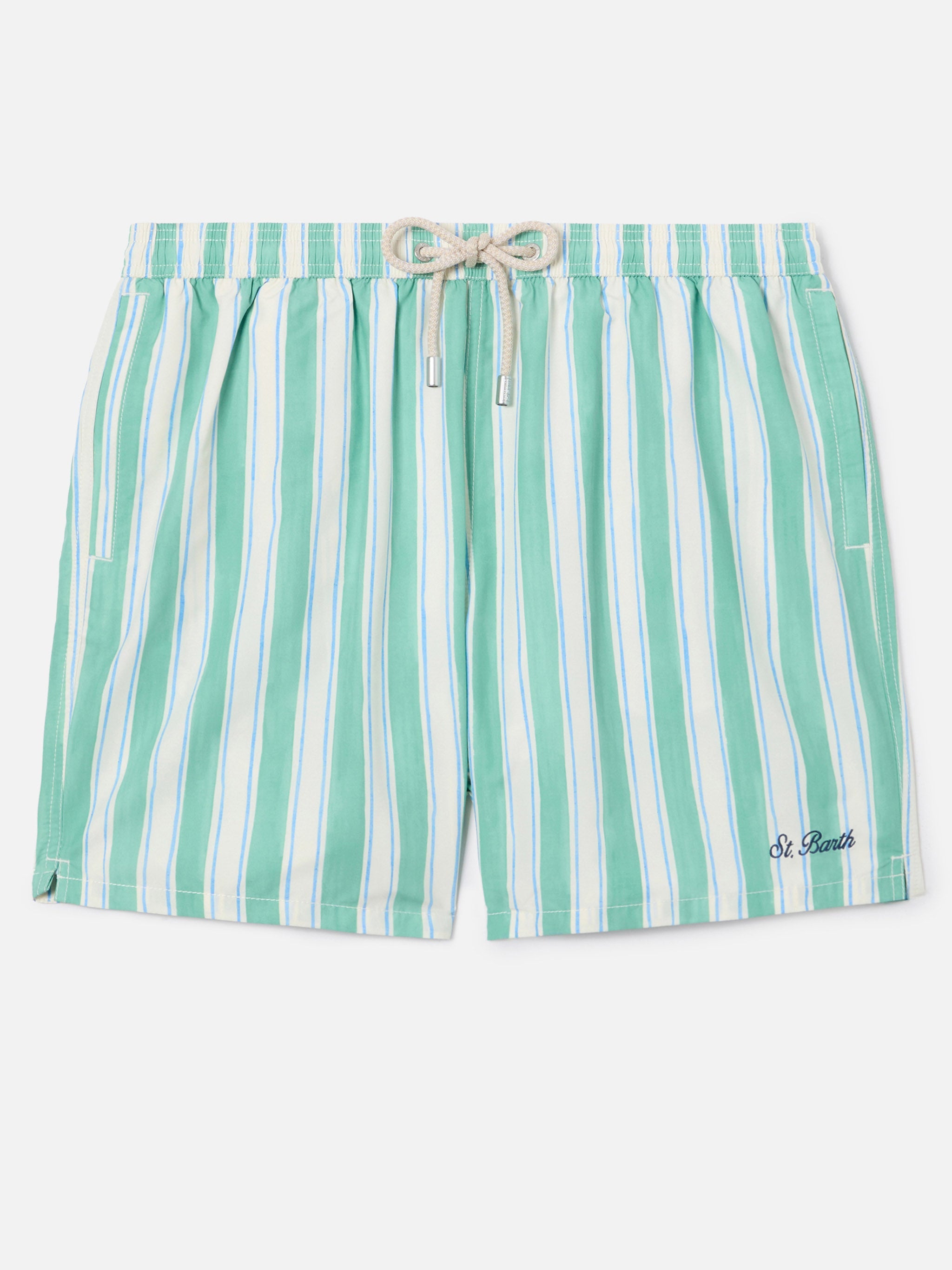 Syros Swim Shorts With Green Striped Pattern And Logo Embroidery Swimshort
