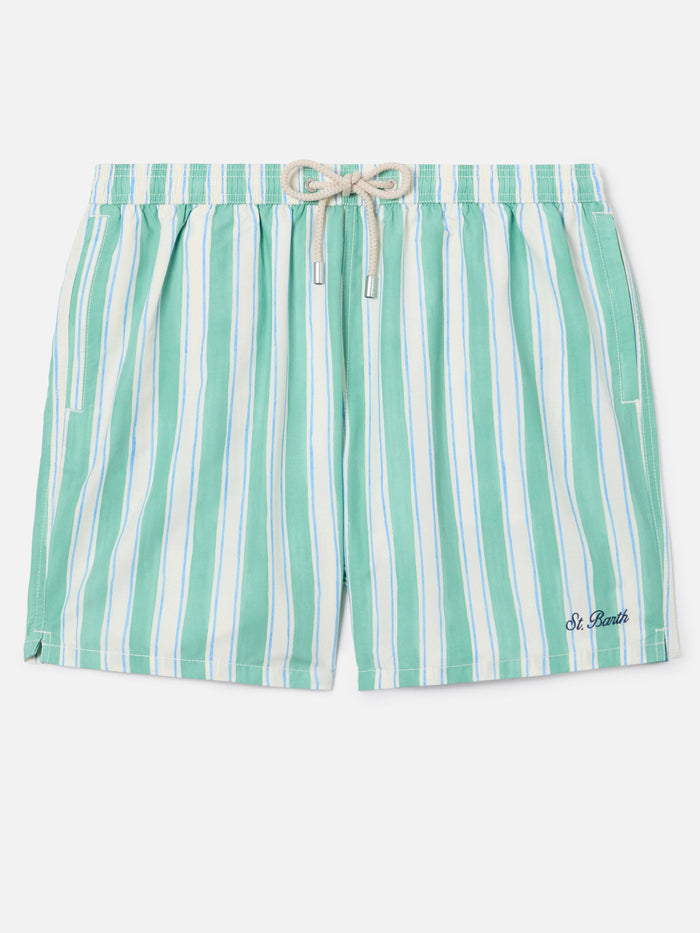 Syros Swim Shorts With Green Striped Pattern And Logo Embroidery Swimshort