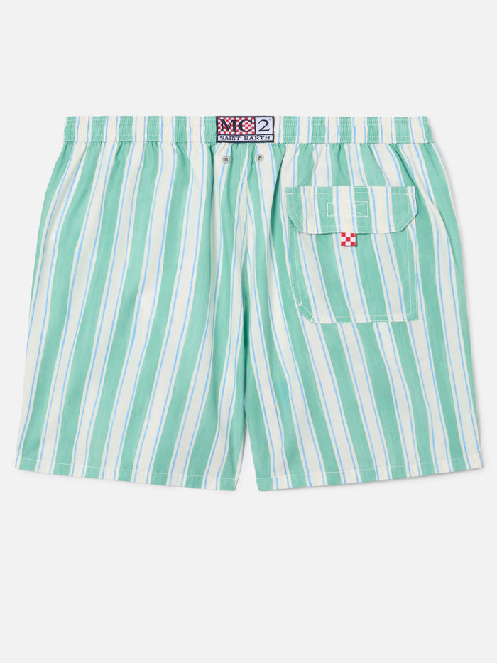Syros Swim Shorts With Green Striped Pattern And Logo Embroidery Swimshort