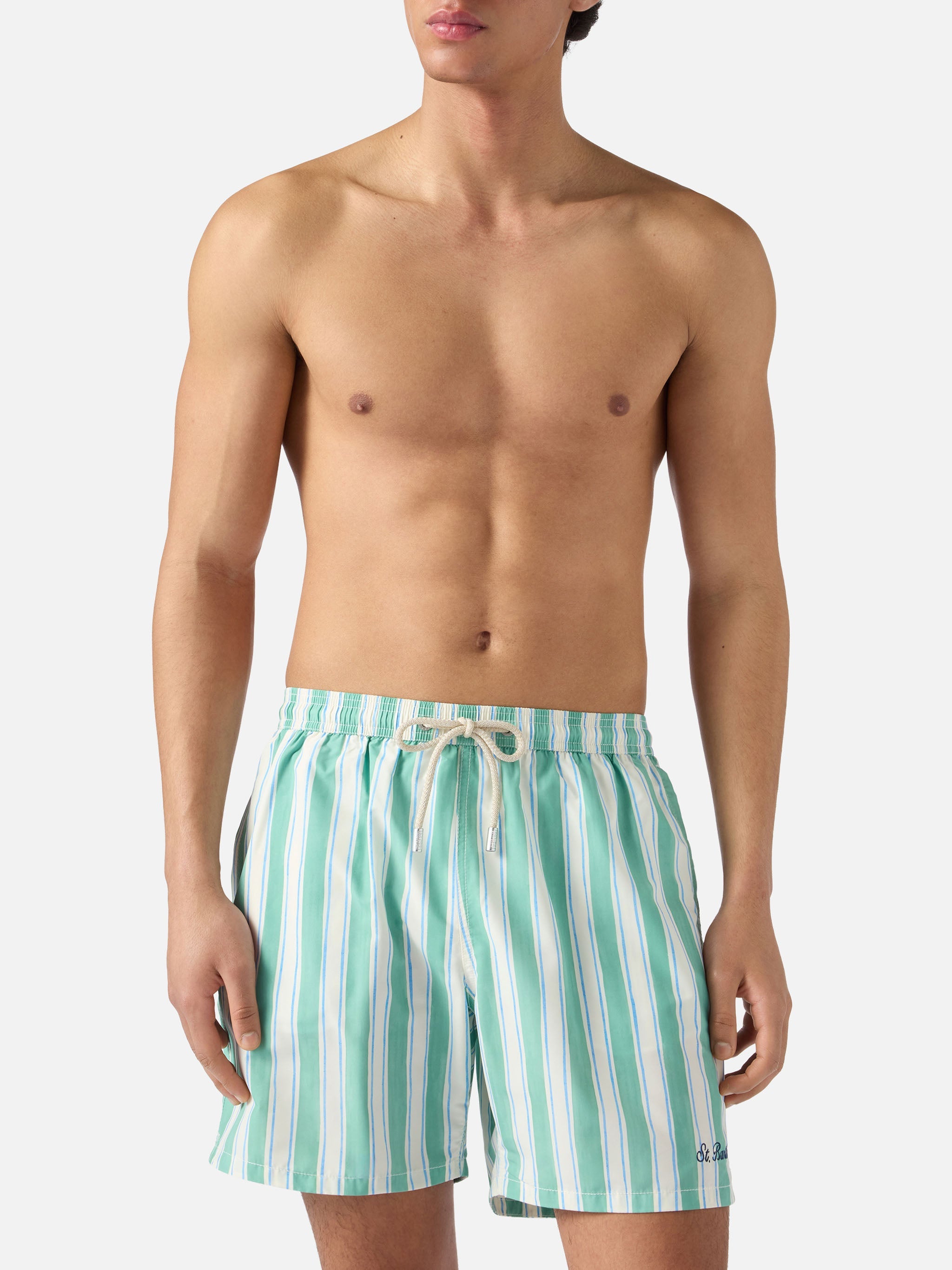 Syros Swim Shorts With Green Striped Pattern And Logo Embroidery Swimshort