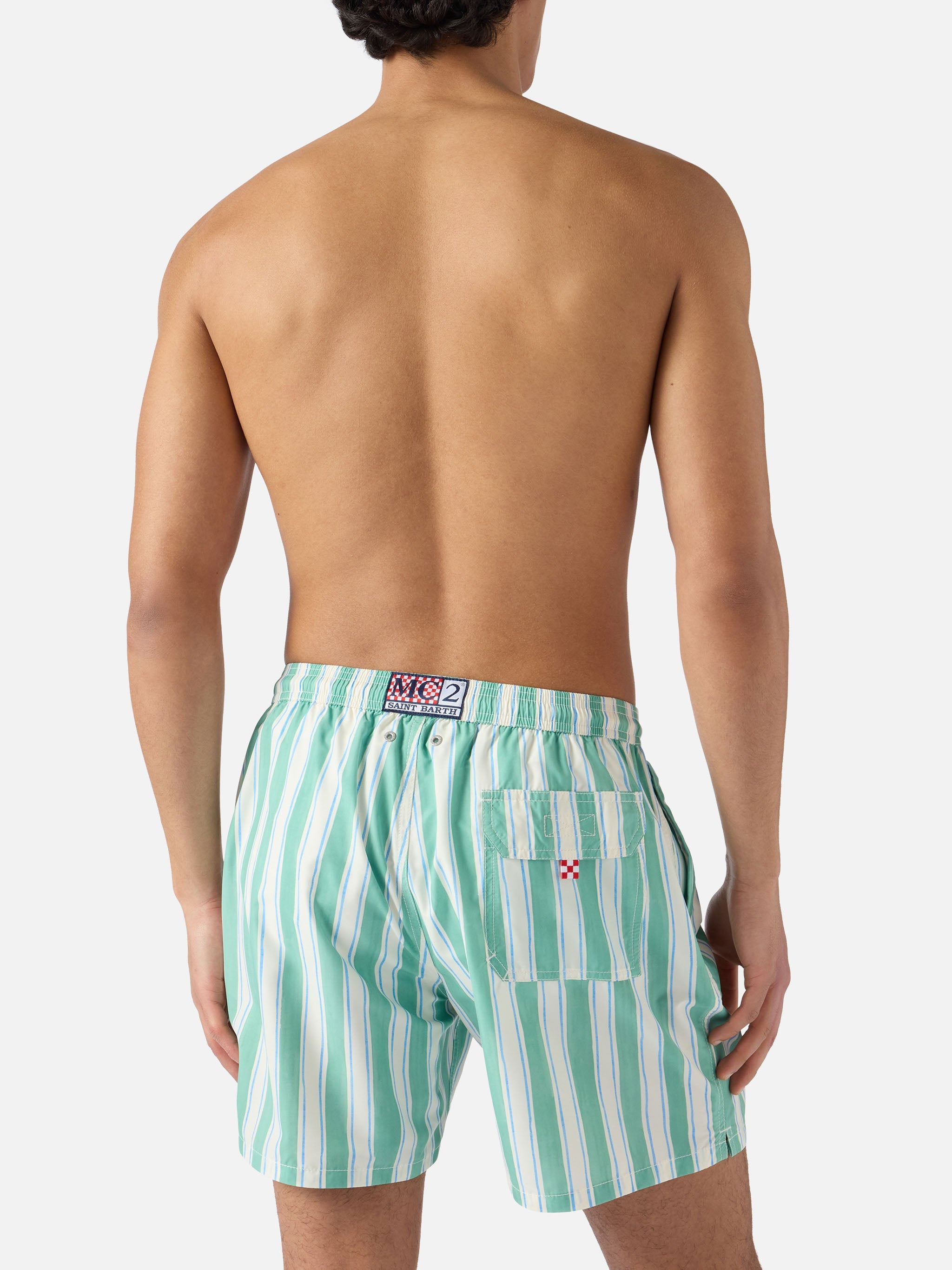 Syros Swim Shorts With Green Striped Pattern And Logo Embroidery Swimshort