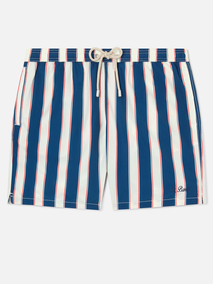 Syros Swim Shorts With Blue Striped Pattern And Logo Embroidery Swimshort