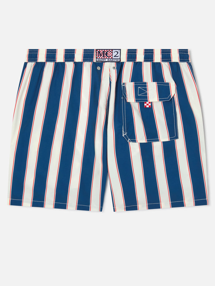 Syros Swim Shorts With Blue Striped Pattern And Logo Embroidery Swimshort