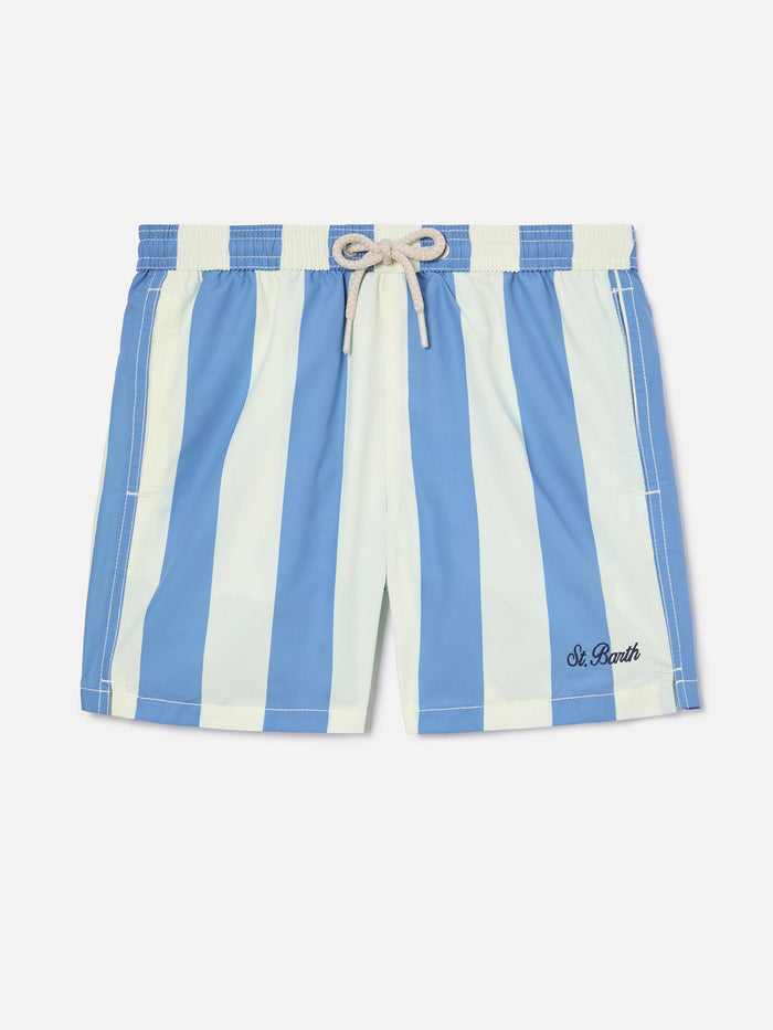 Syros Jr Swim Shorts Wide Striped With St. Barth Embroidery Blue Swimshort