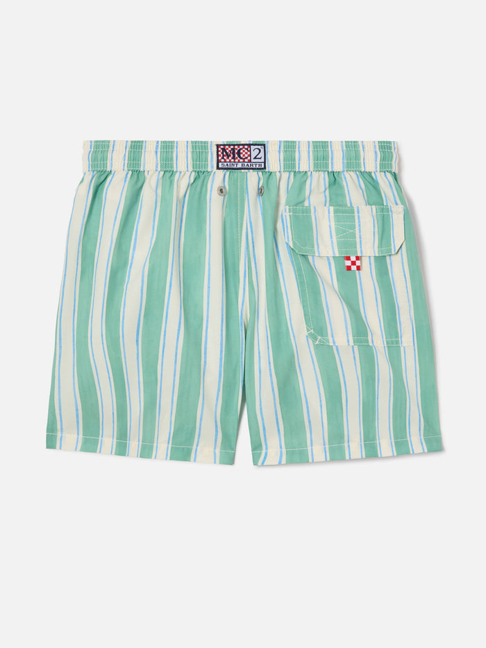 Syros Jr Swim Shorts Striped With St. Barth Embroidery Green Swimshort