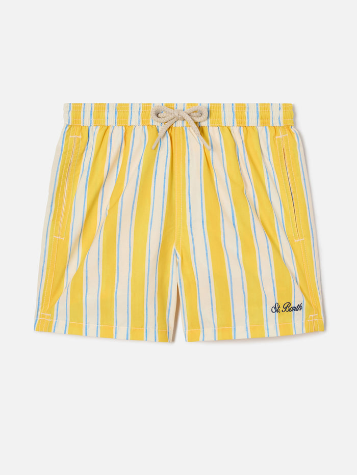 Syros Jr Swim Shorts Striped With St. Barth Embroidery Yellow Swimshort