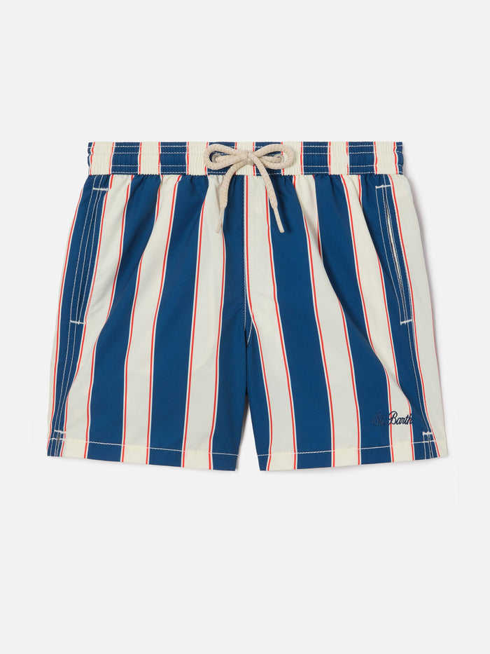 Syros Jr Swim Shorts Striped With St. Barth Embroidery Blue Swimshort