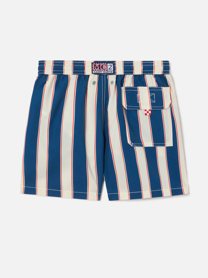 Syros Jr Swim Shorts Striped With St. Barth Embroidery Blue Swimshort