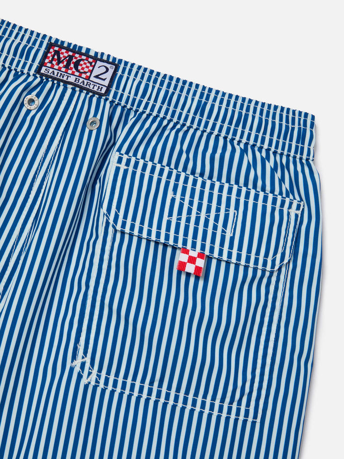 Syros Jr Swim Shorts Thin Striped With St. Barth Embroidery Blue Swimshort