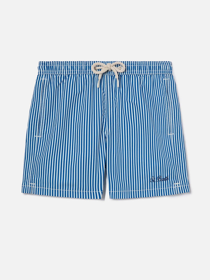 Syros Jr Swim Shorts Thin Striped With St. Barth Embroidery Blue Swimshort