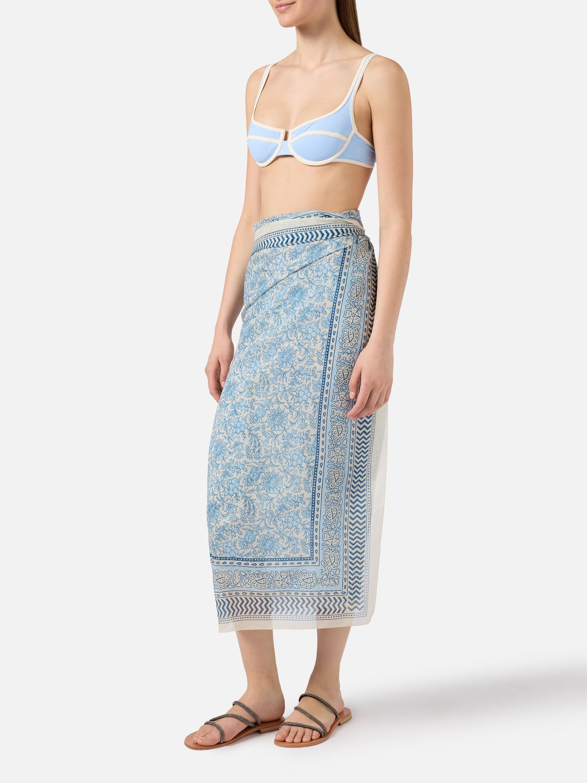 Thaiti Long Pareo Silk Blend With Floral Batik Print White Sarong