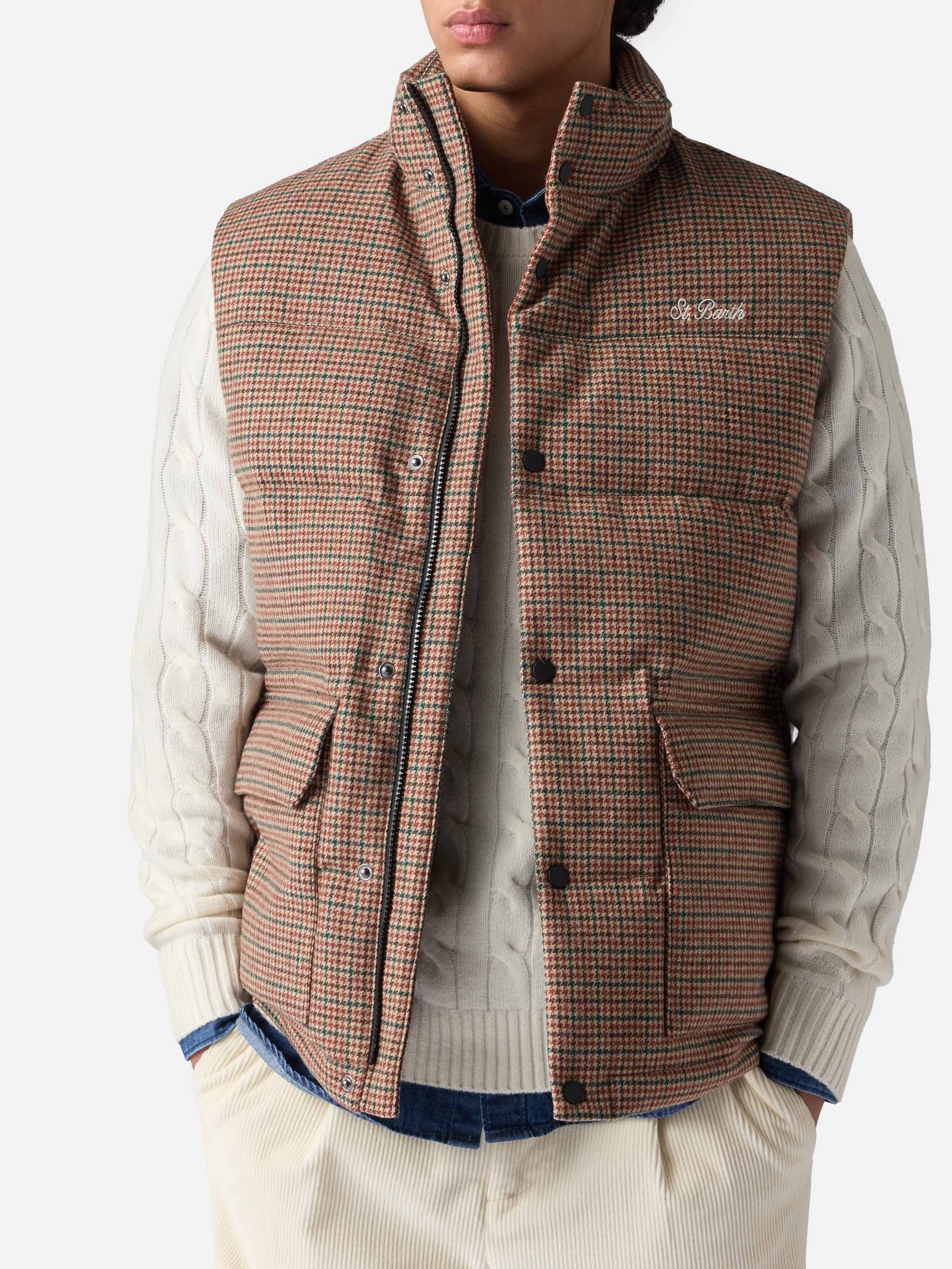 Down Padded Vest Thunder With Pied De Poul Print Green Jacket
