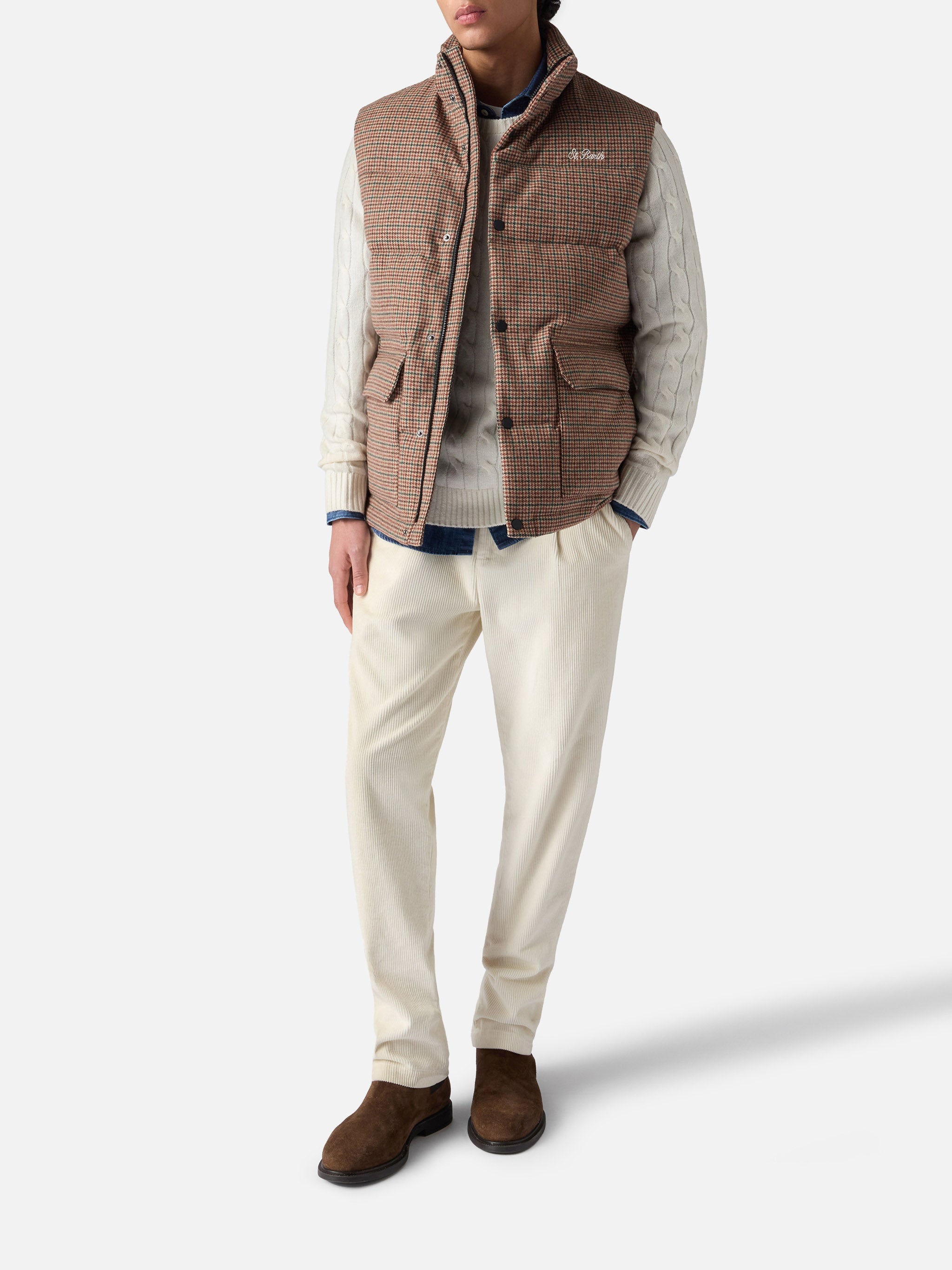 Down Padded Vest Thunder With Pied De Poul Print Green Jacket