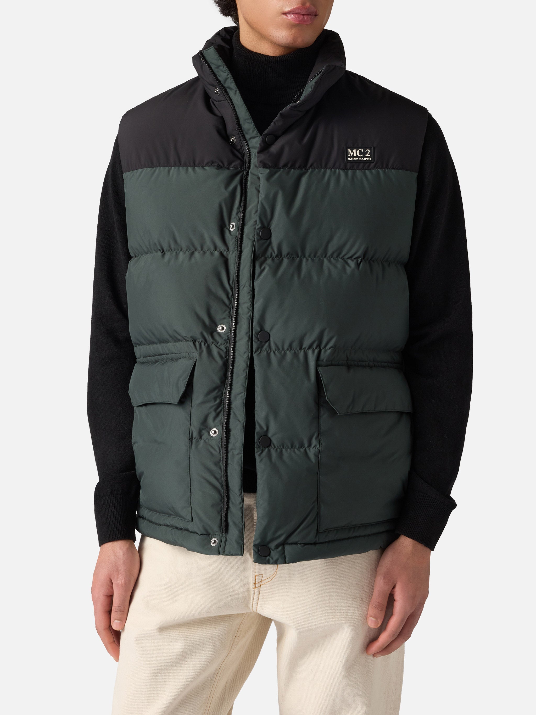 Man Down Padded Green Vest With Pockets Jacket