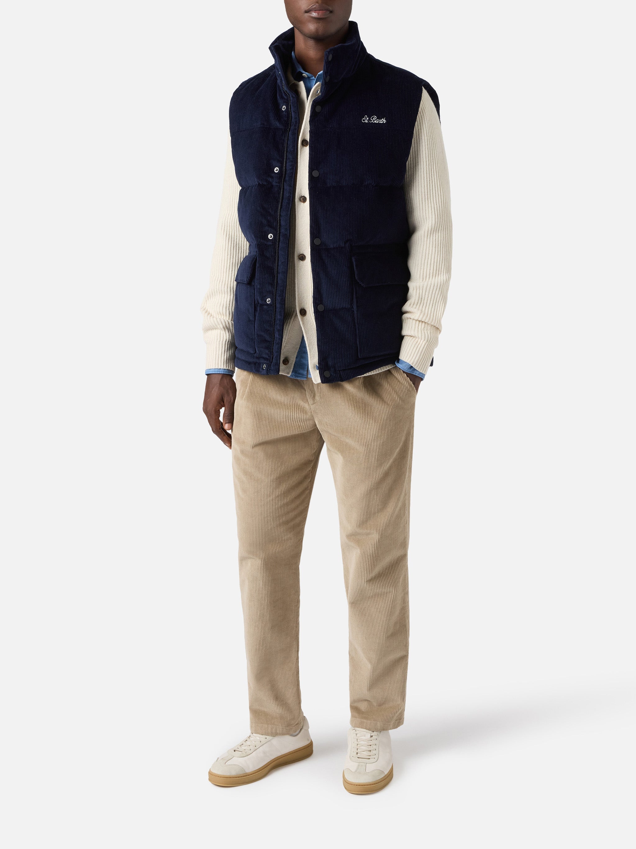 Down Padded Vest Thunder With Navy Blue Corduroy Jacket