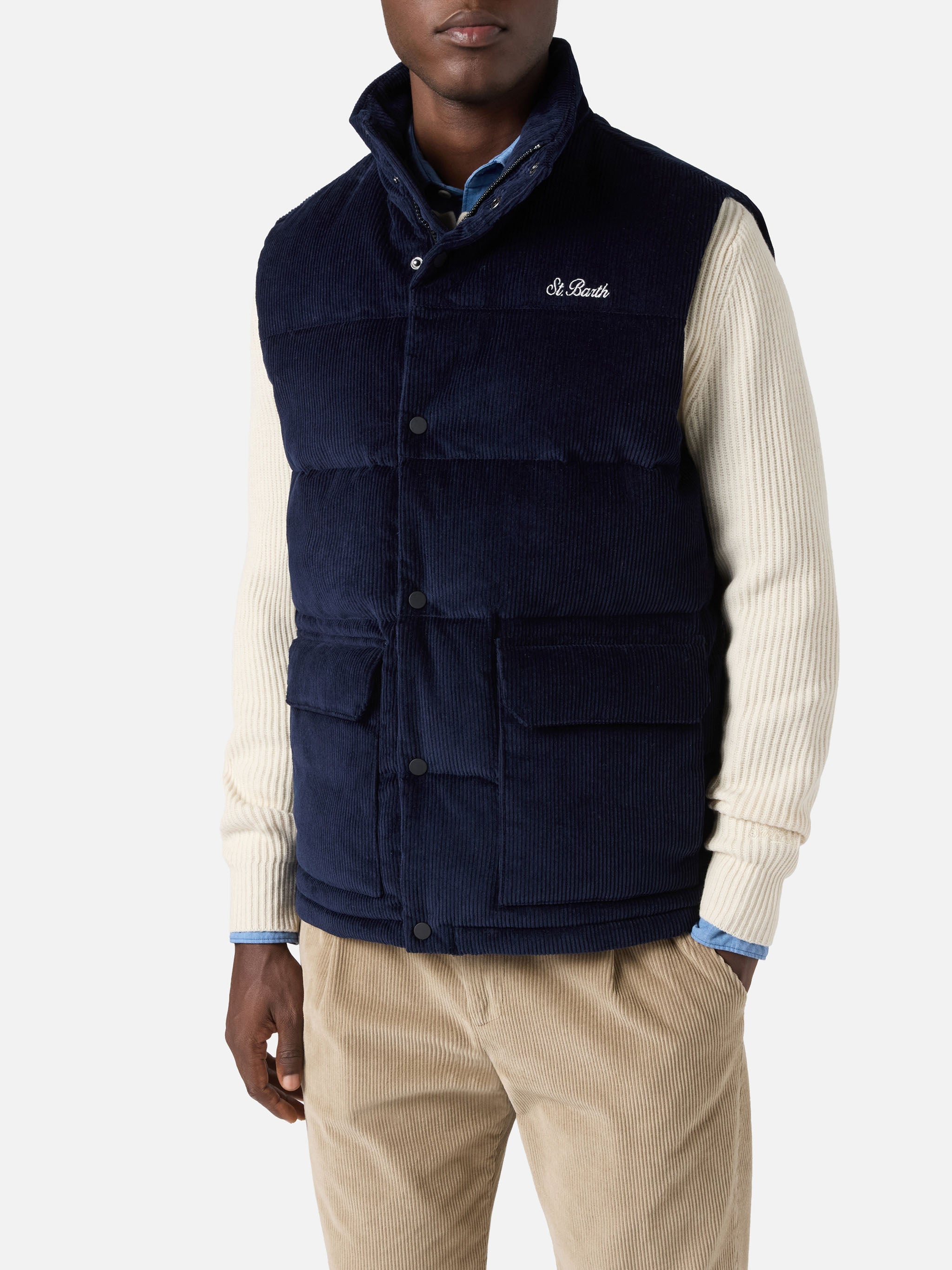Down Padded Vest Thunder With Navy Blue Corduroy Jacket