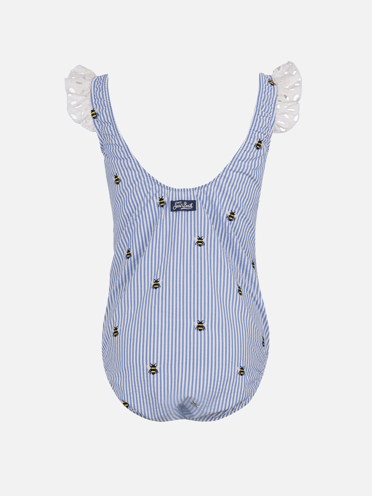 Girl Seersucker Cotton One Piece Swimsuit Tilda With Ruffled Straps Bluette