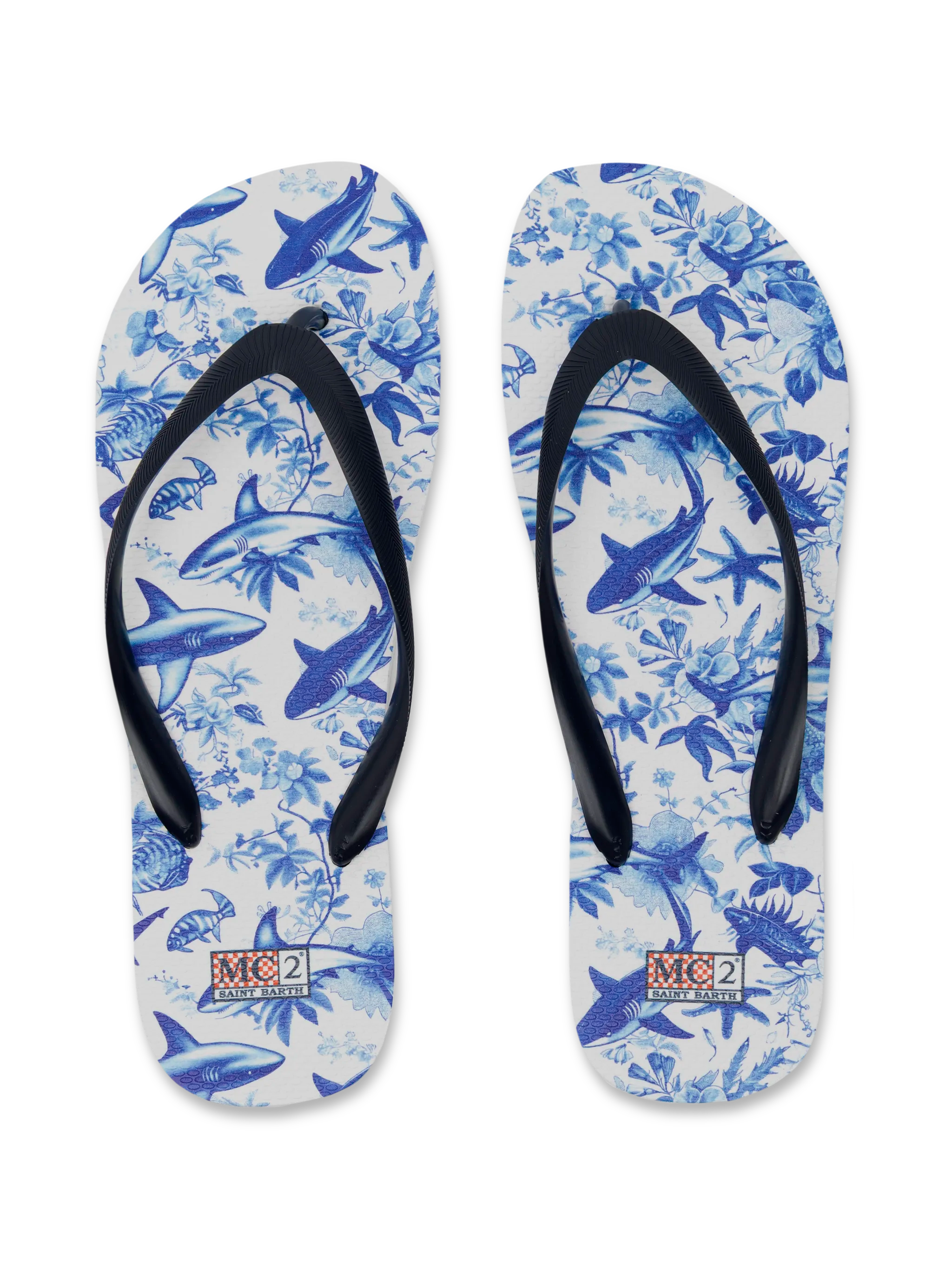 Flip Flops Tommy With Sharks Print | Ai Co-Created Design By Rickdick - Powered Red-Eye White Flop