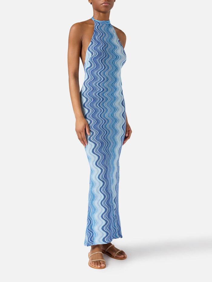 Long Tony Dress Blue Degradé Raschel Fabric Sky