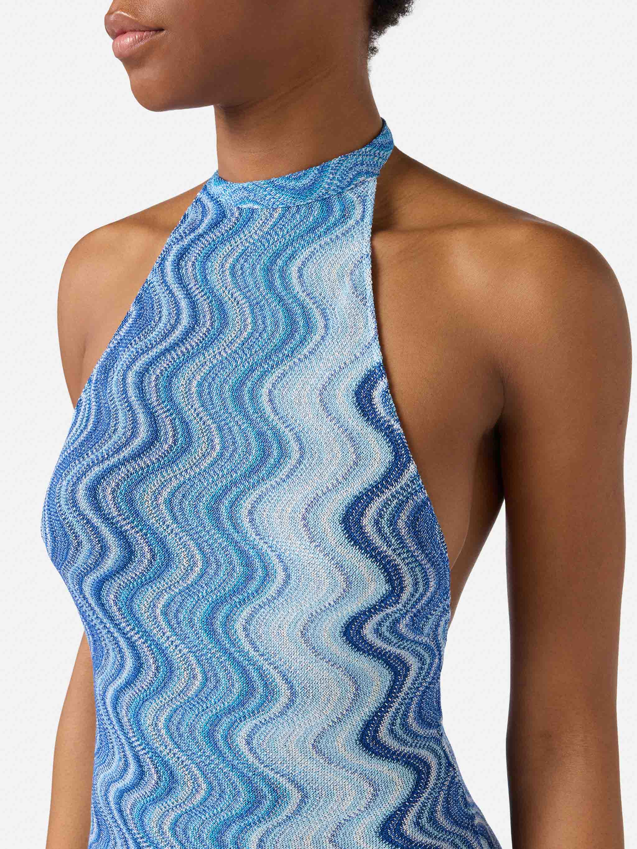Long Tony Dress Blue Degradé Raschel Fabric Sky