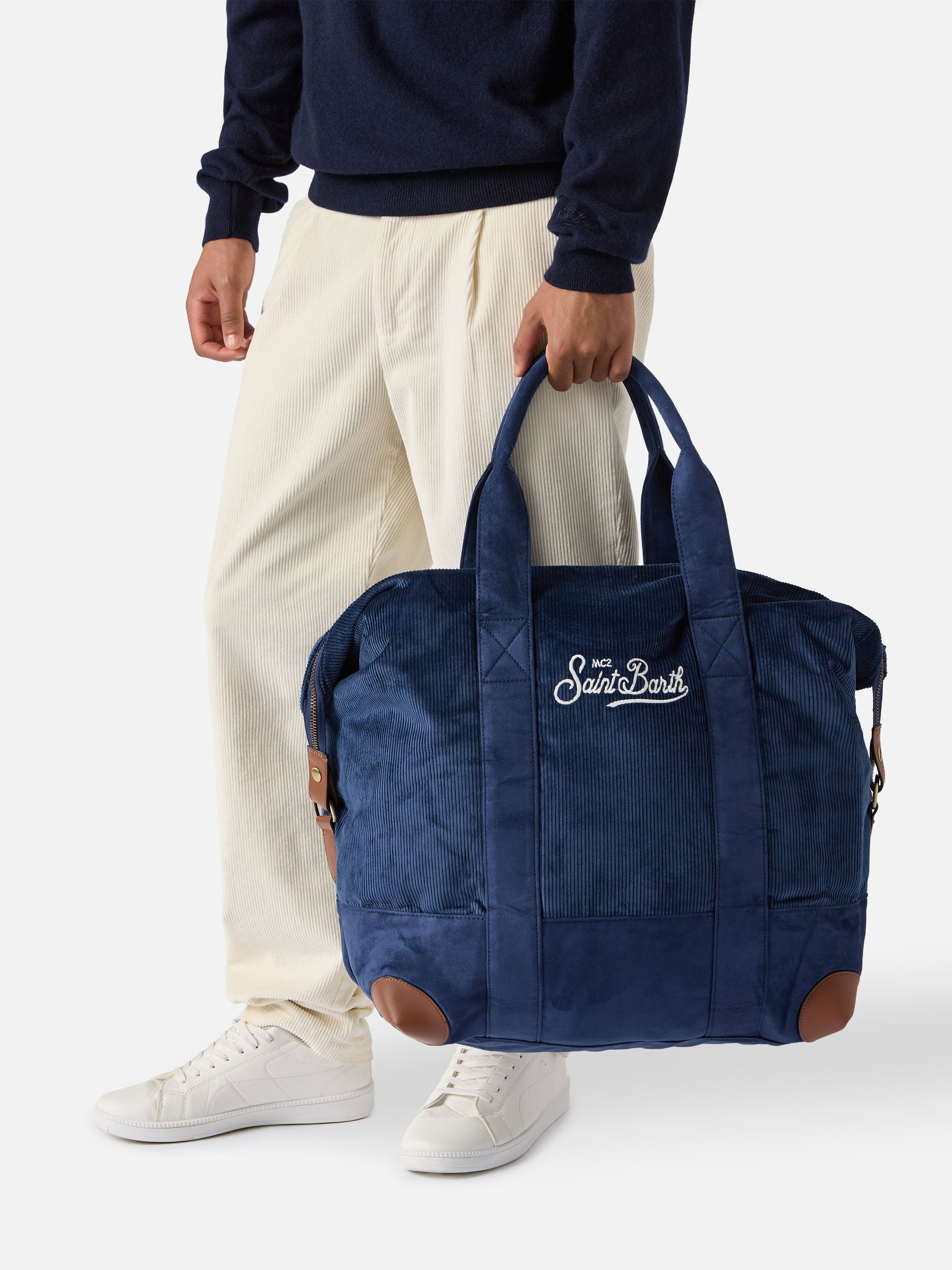 Travel Bag Corduroy Duffel Blue Velvet And Suede