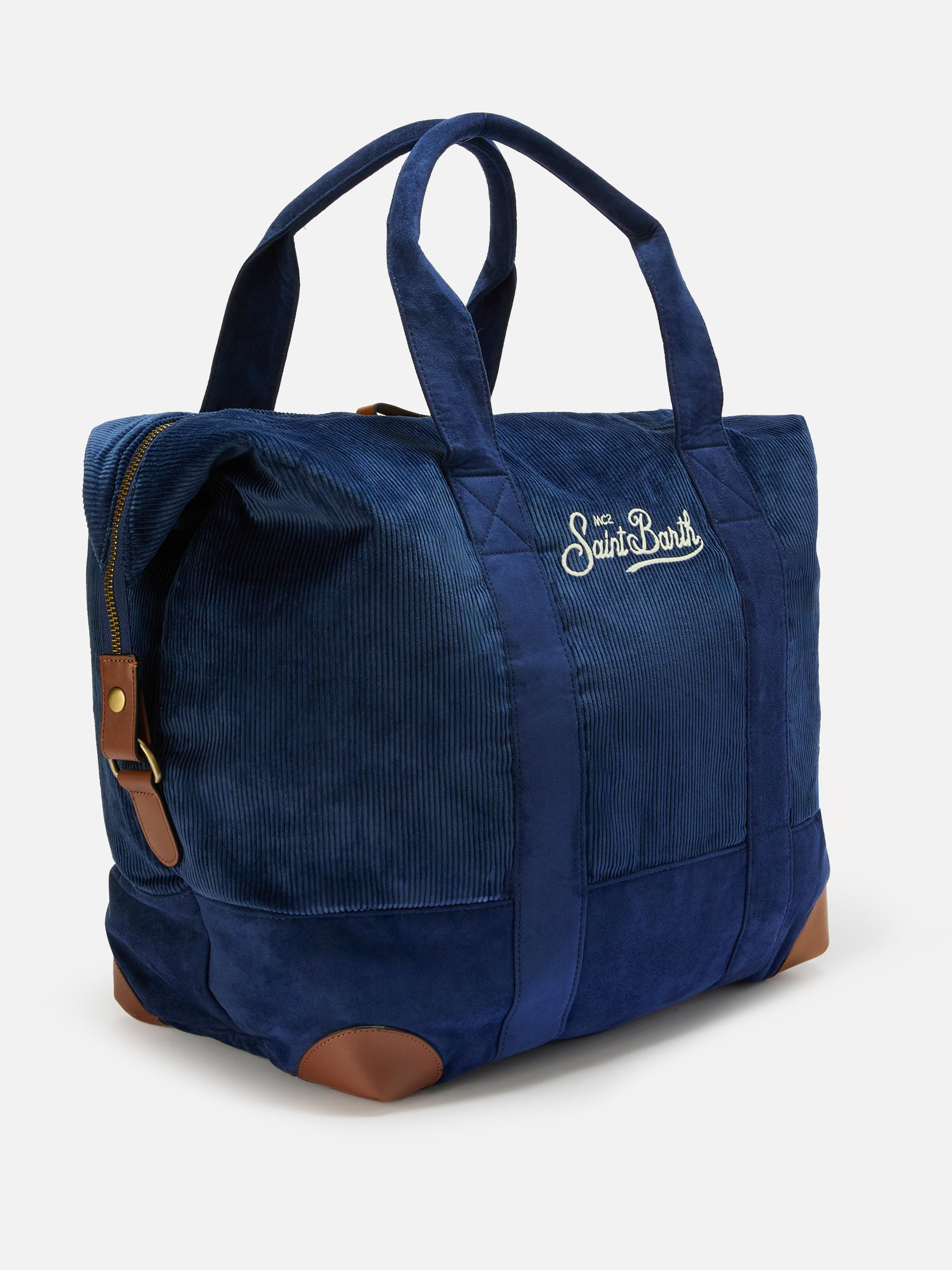 Travel Bag Corduroy Duffel Blue Velvet And Suede