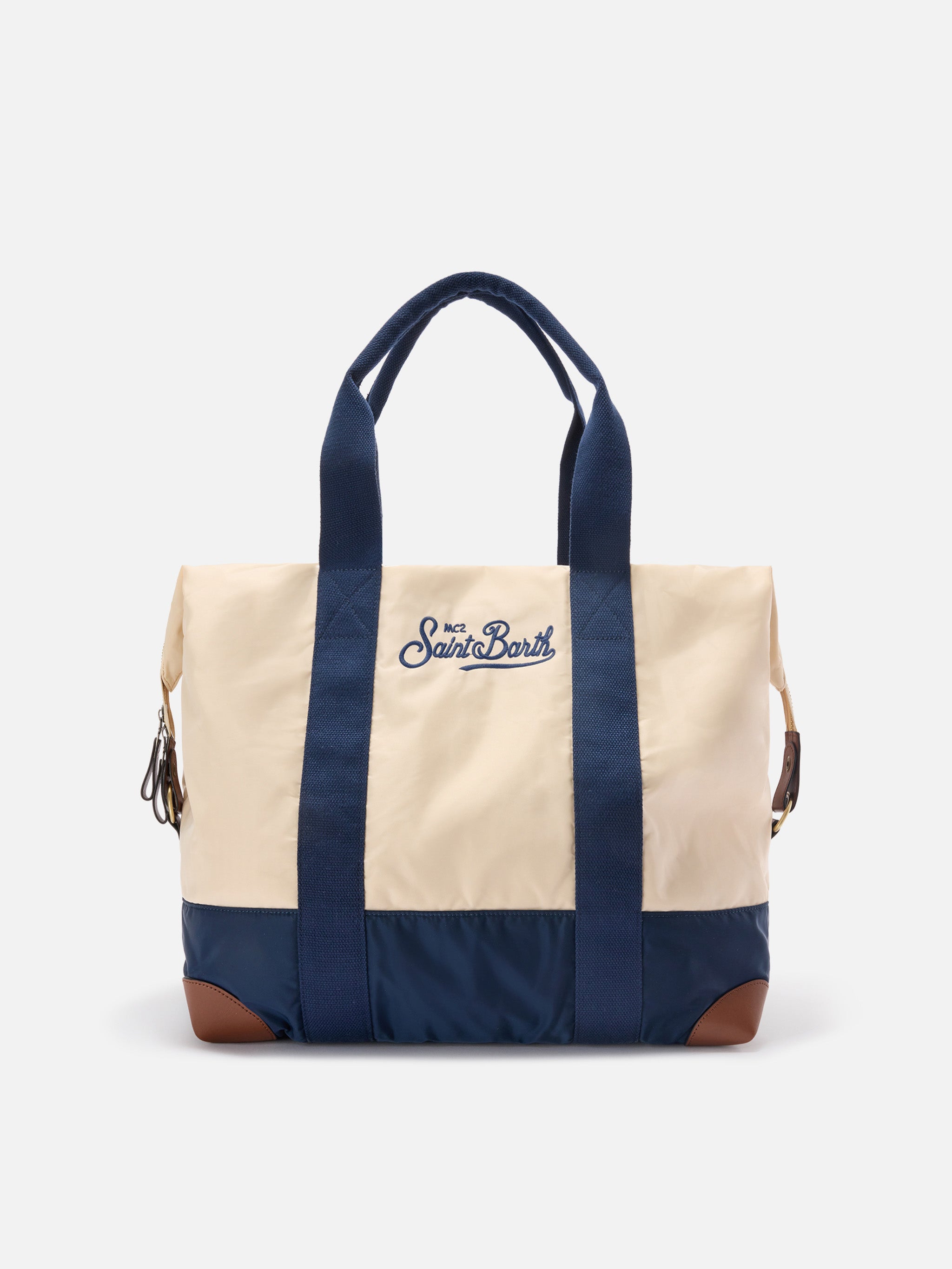 Travel Bag Cream And Blue Nylon Weekender With Embroidered Logo White