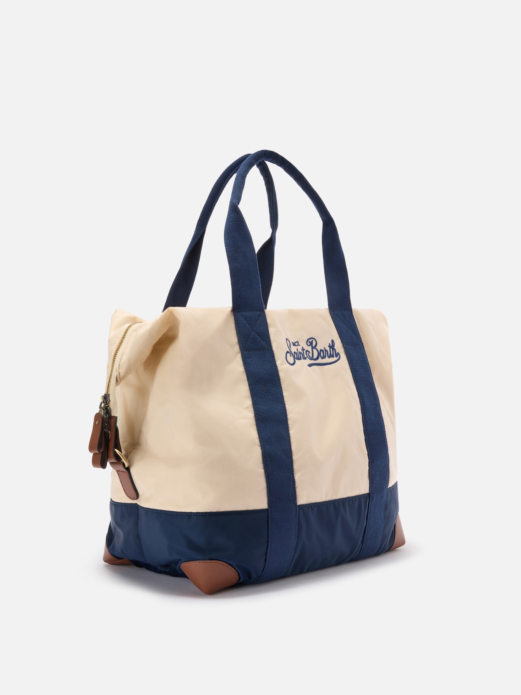 Travel Bag Cream And Blue Nylon Weekender With Embroidered Logo White