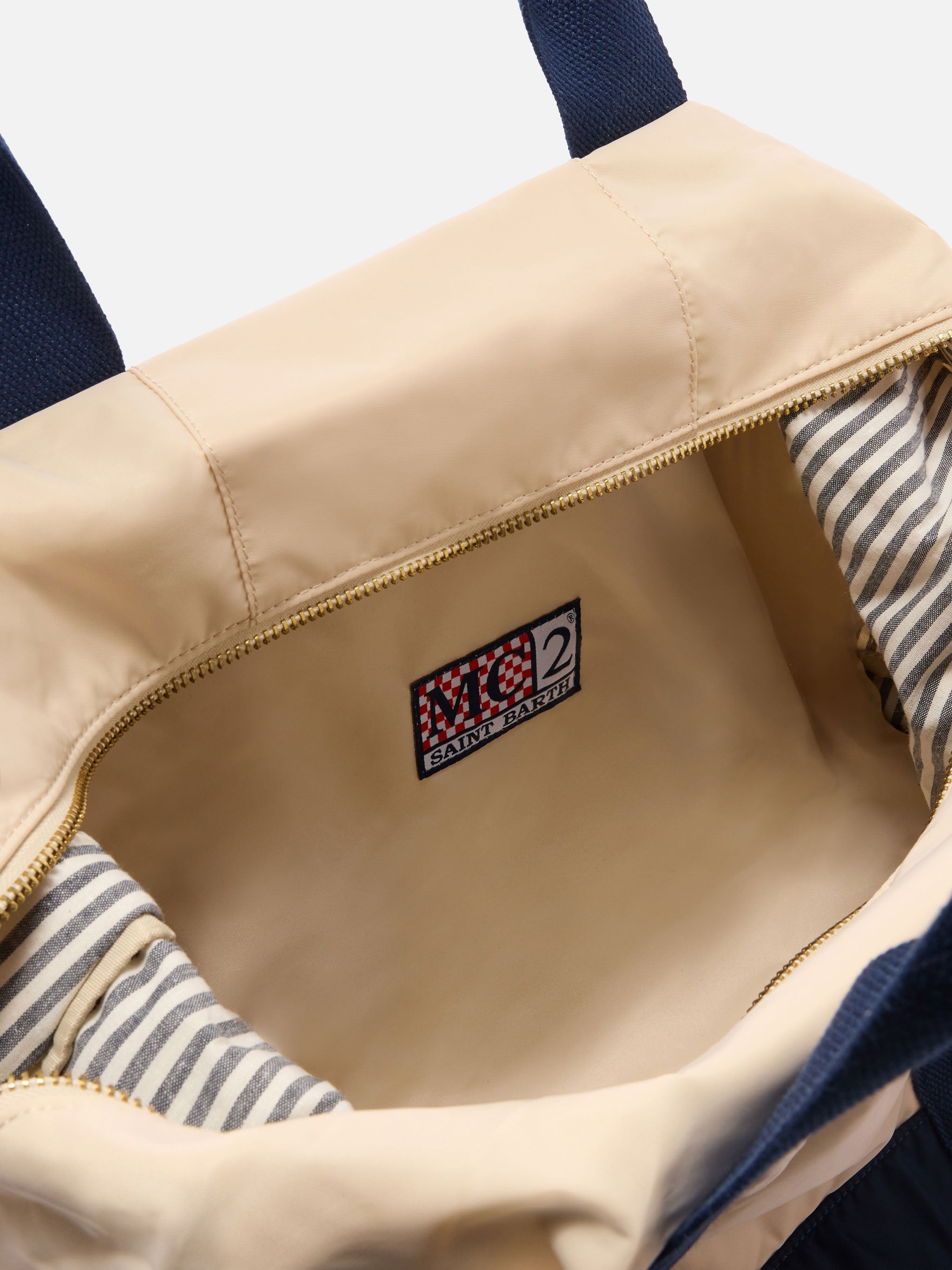 Travel Bag Cream And Blue Nylon Weekender With Embroidered Logo White