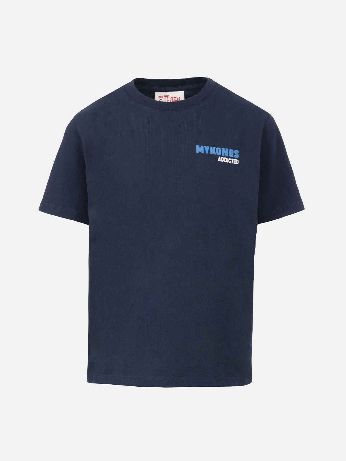 Boy Cotton T-Shirt With Mykonos Addicted Postcard Print Blue