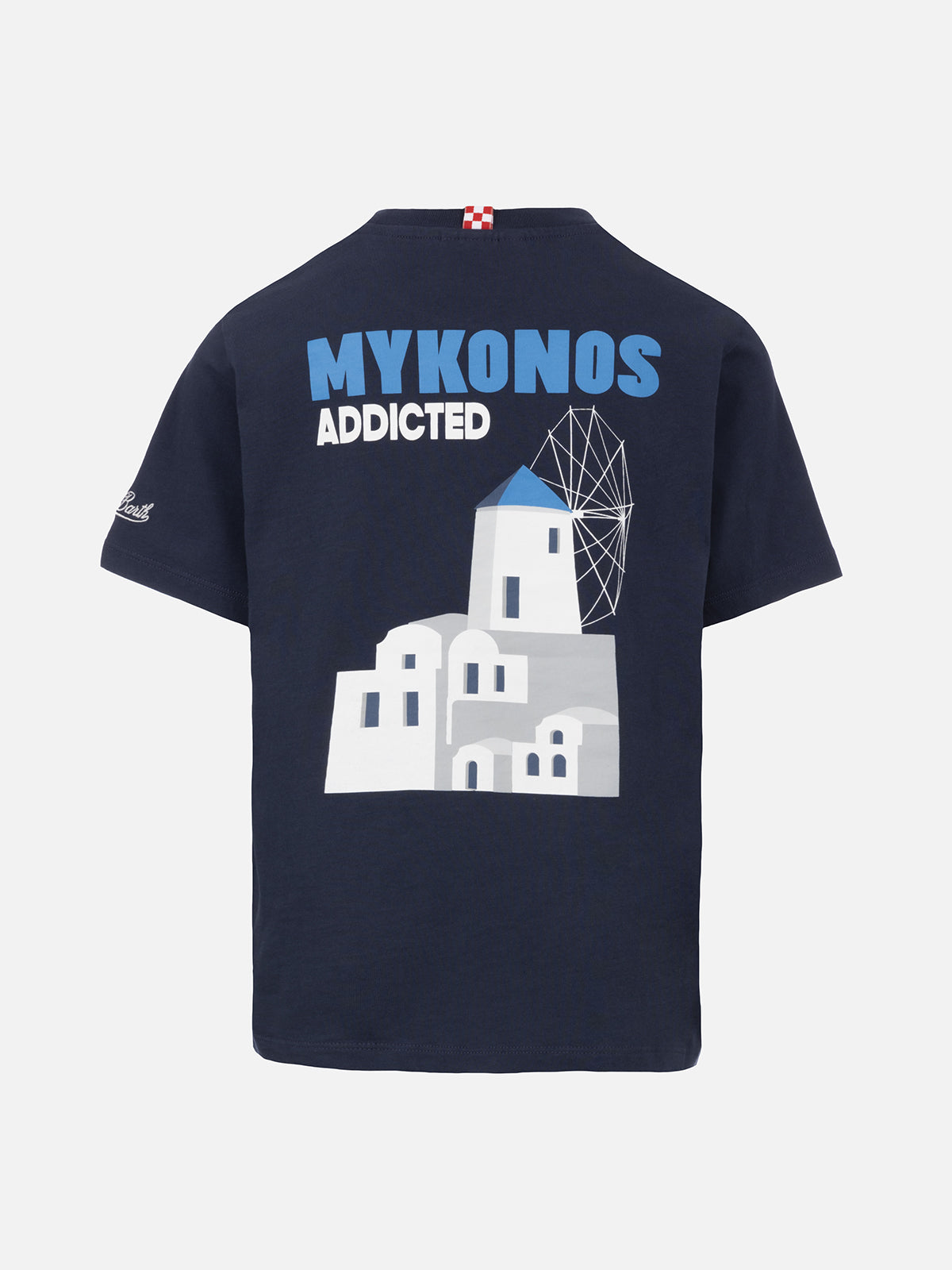 Boy Cotton T-Shirt With Mykonos Addicted Postcard Print Blue