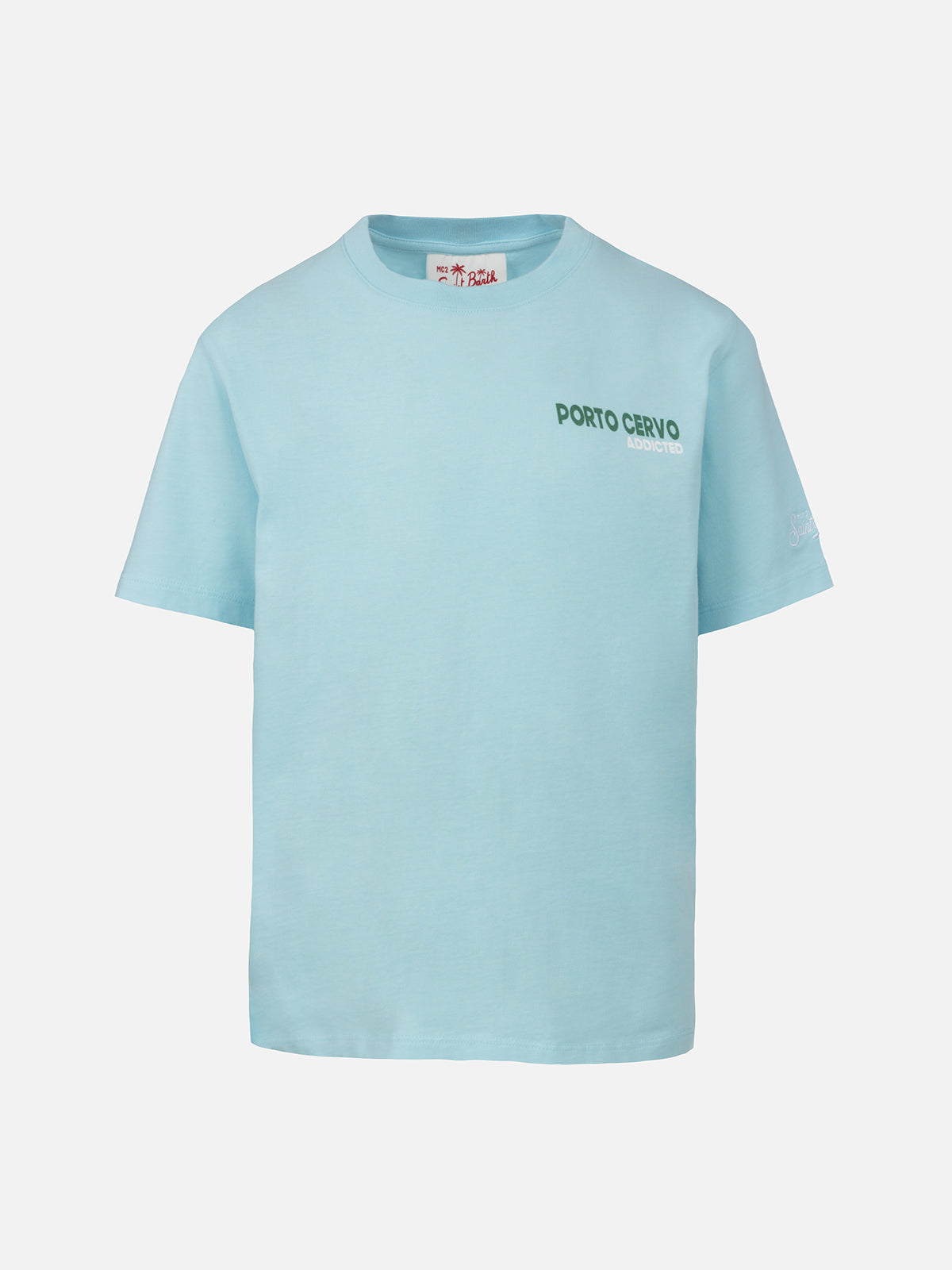 Boy Cotton T-Shirt With Porto Cervo Addicted Postcard Print Green