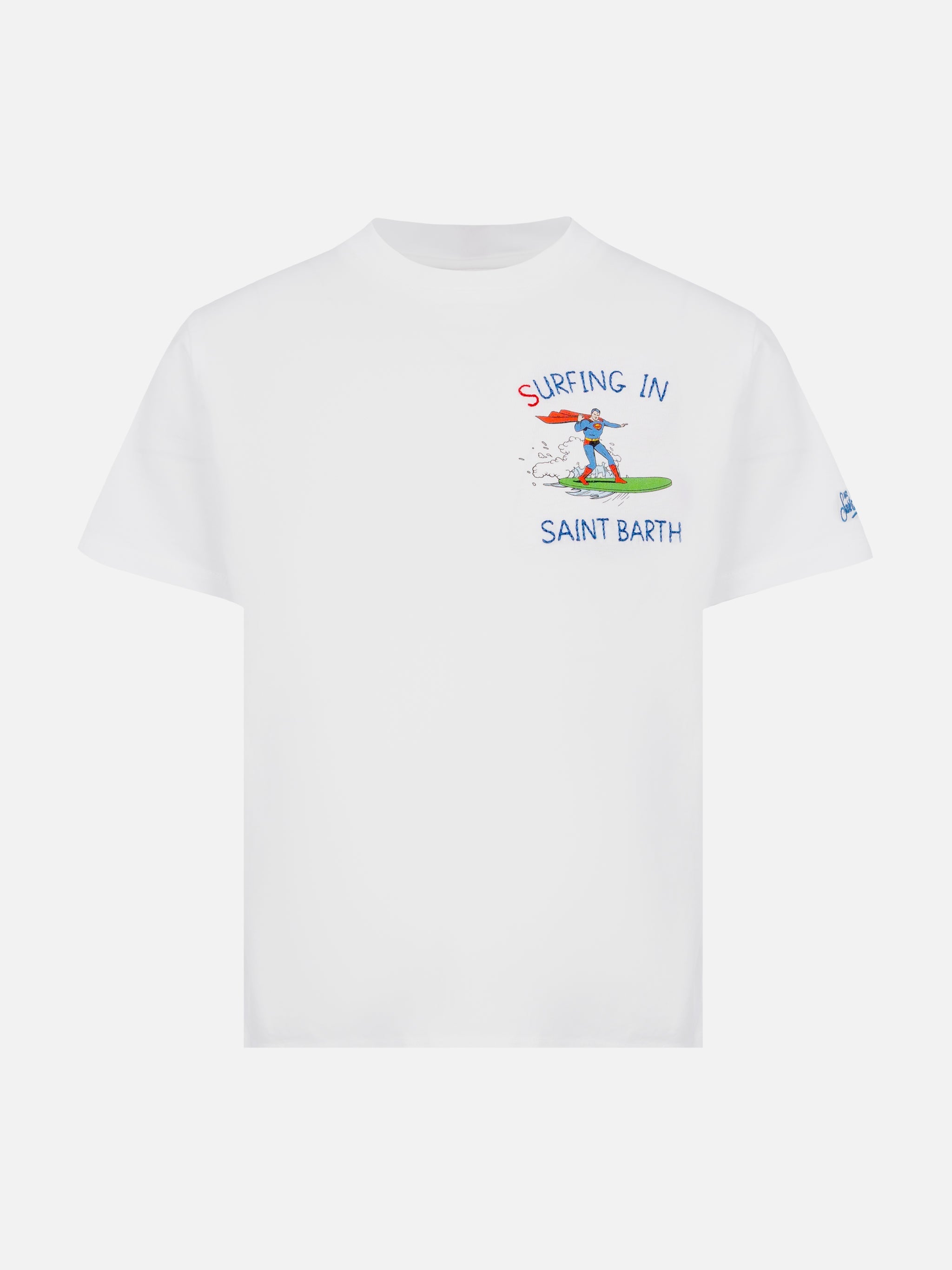 Cotton T-Shirt With Surfing Saint Barth Embroidery And Superman Print | Marvel Special Edition White