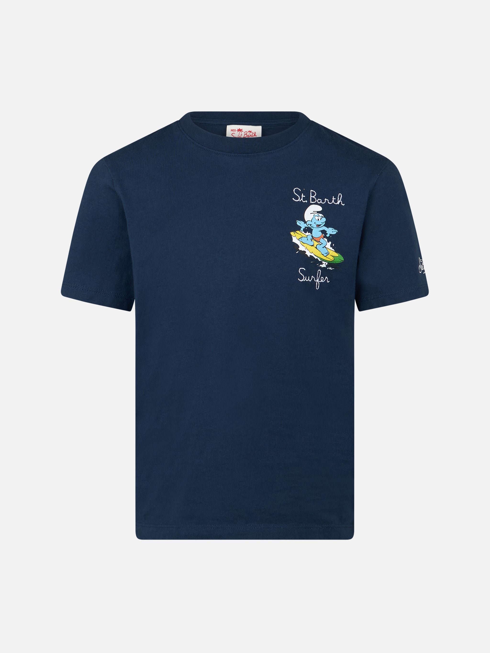 Boy Cotton T-Shirt With Smurf Print And St. Barth Surfer Embroidery | The Special Edition Blue