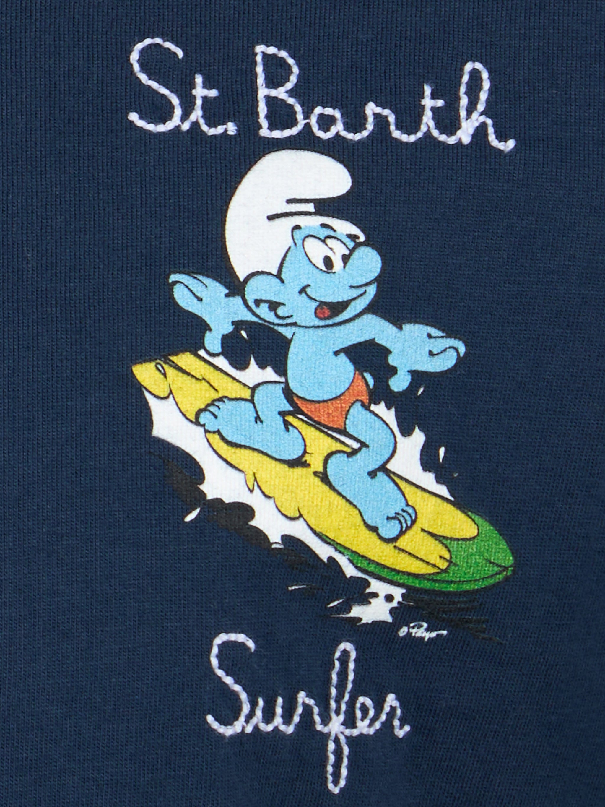Boy Cotton T-Shirt With Smurf Print And St. Barth Surfer Embroidery | The Special Edition Blue