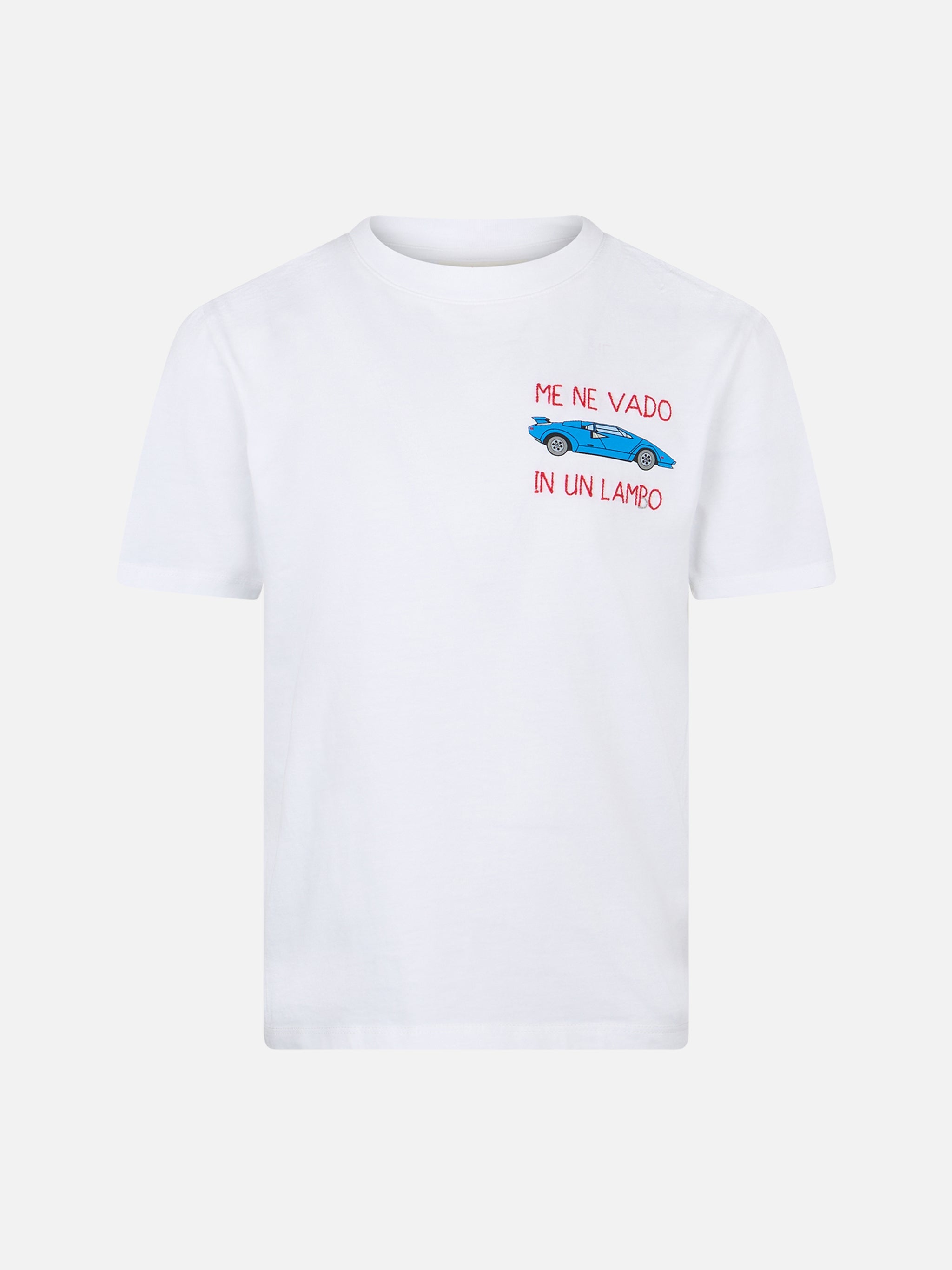 Cotton T-Shirt With Me Ne Vado Un Lambo Embroidery White