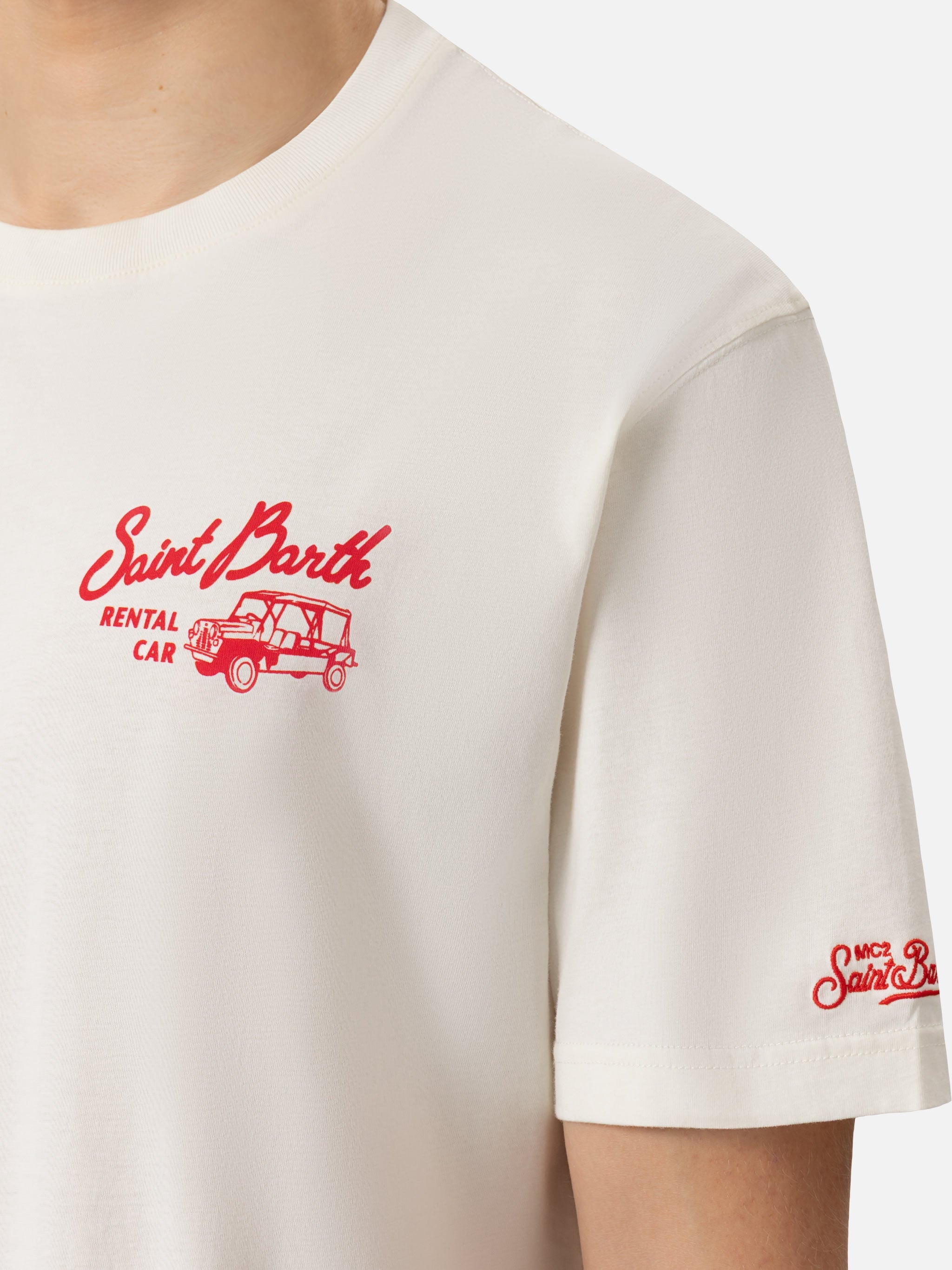 Organic Cotton T-Shirt With Saint Barth Rental Car Print White