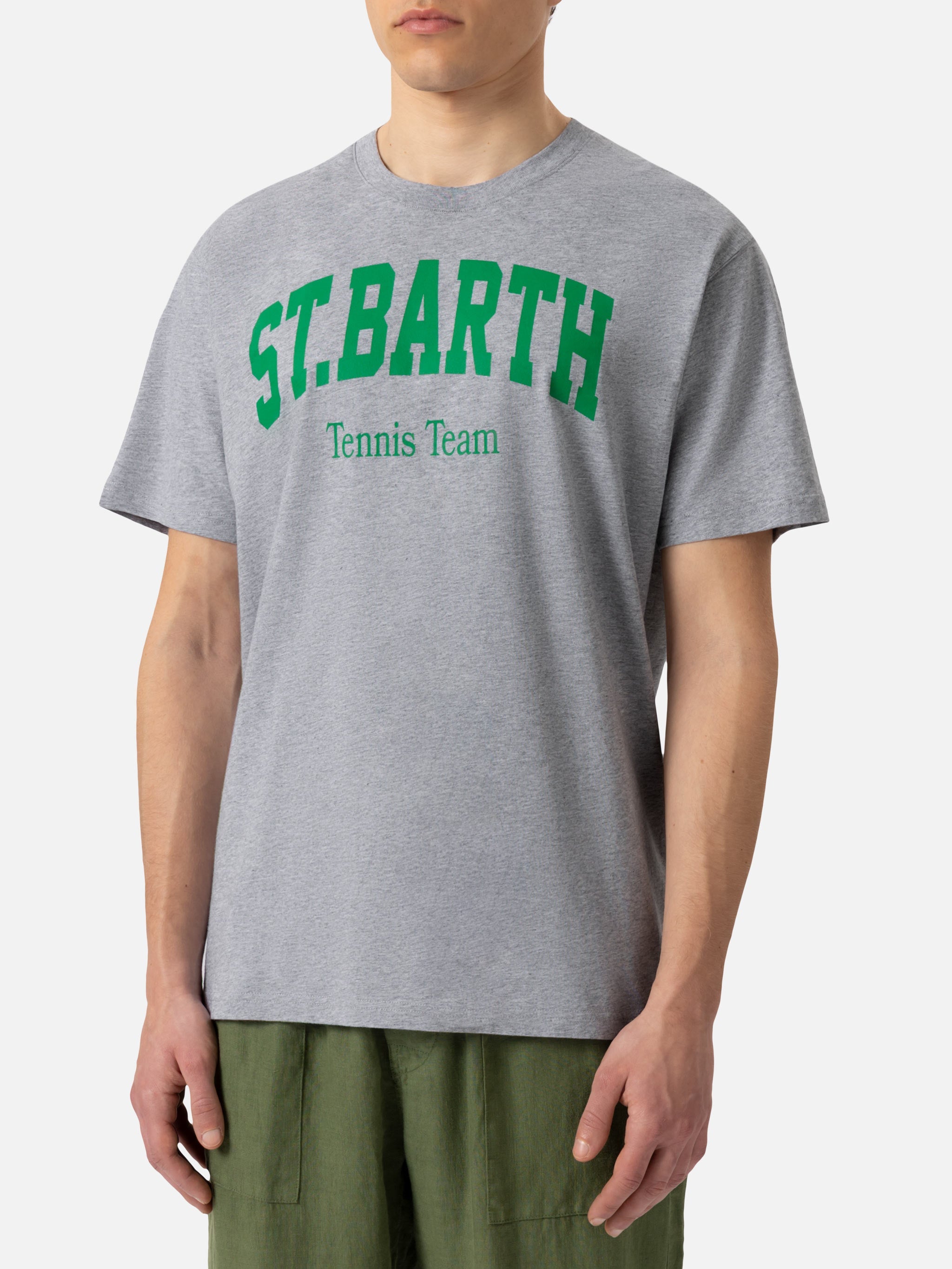 Organic Cotton T-Shirt With St. Barth Tennis Club Print Light Grey Melange