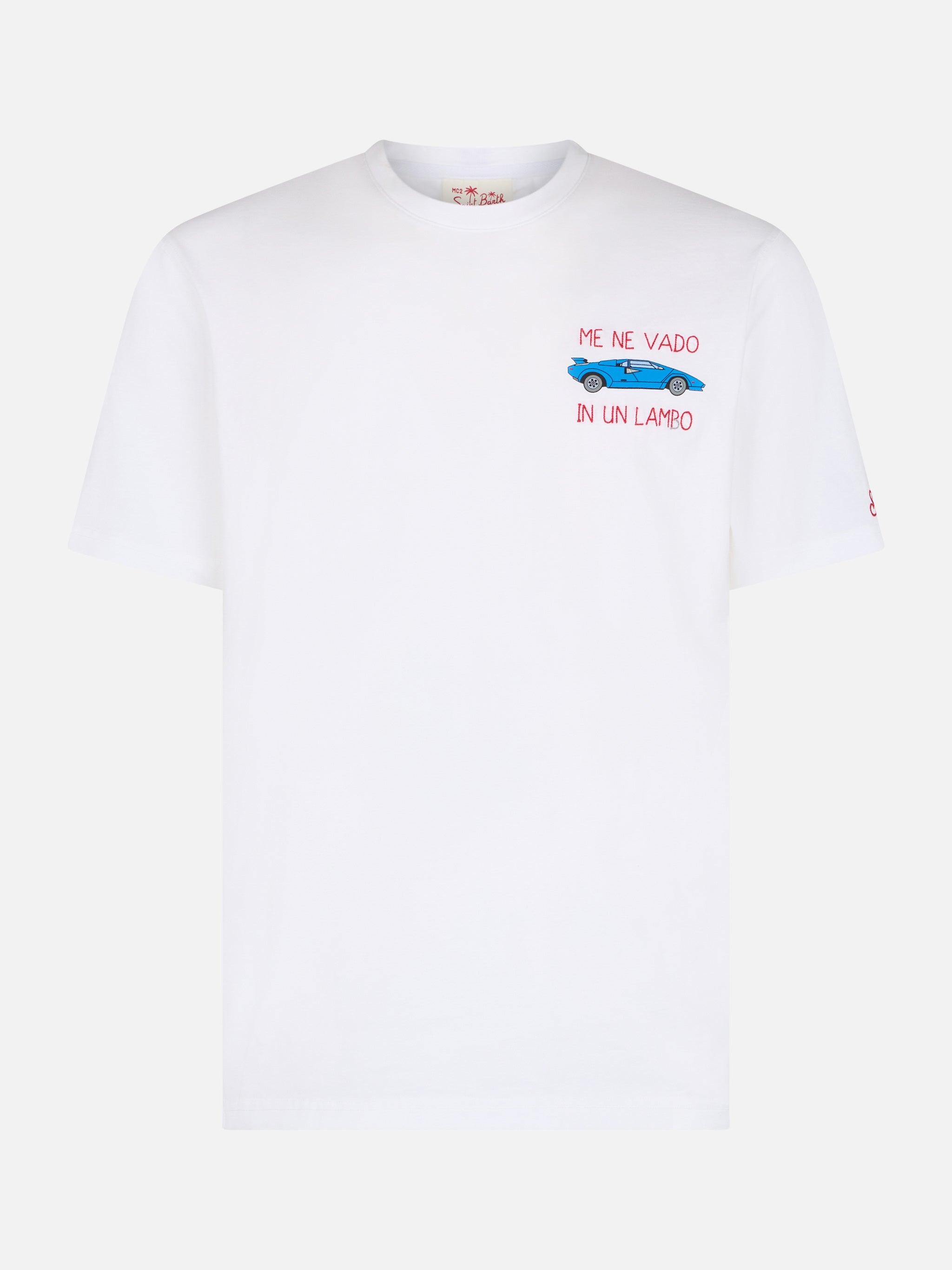 Man Cotton T-Shirt With Me Ne Vado Un Lambo Embroidery And Car Placed Print White