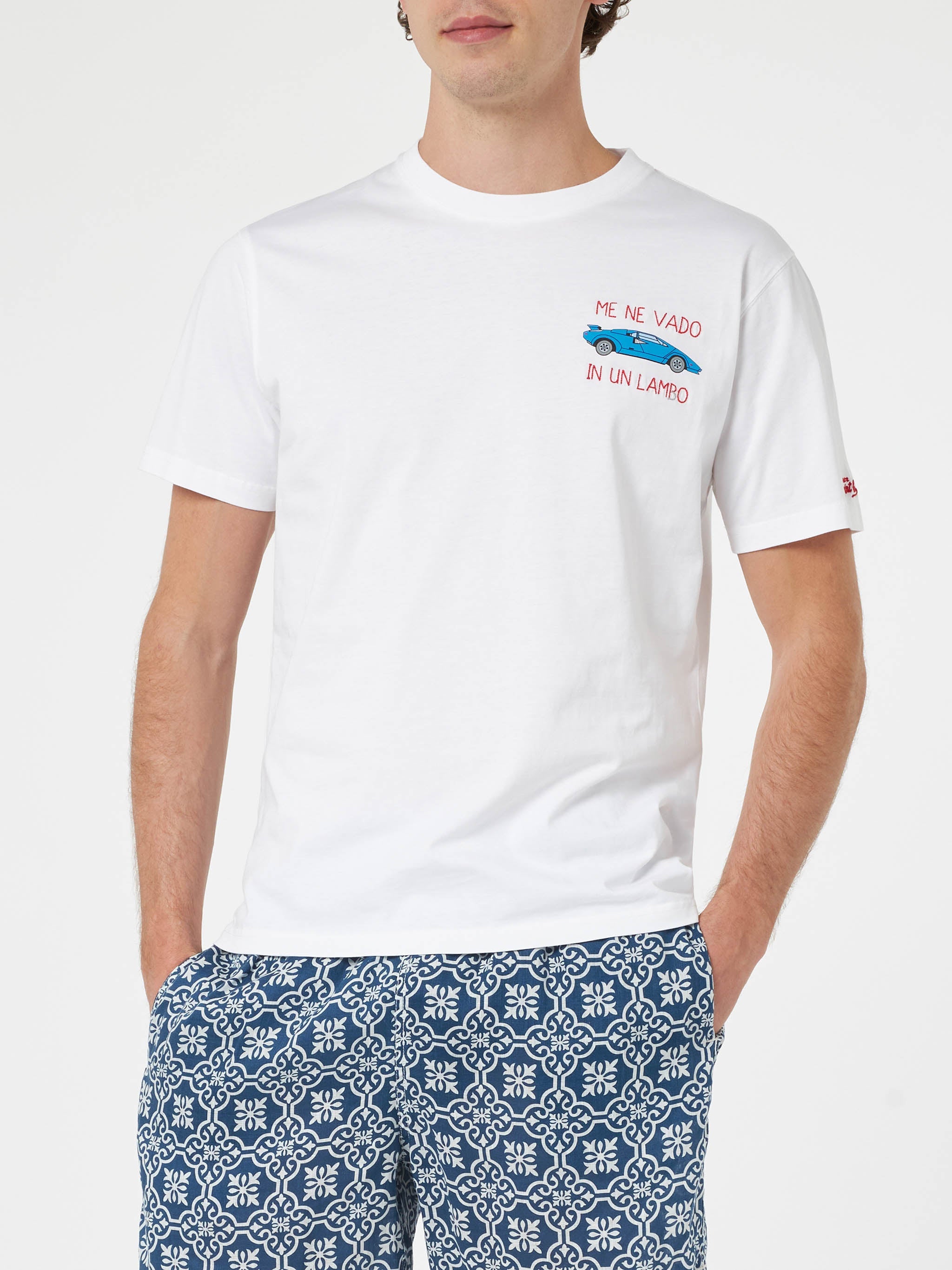 Man Cotton T-Shirt With Me Ne Vado Un Lambo Embroidery And Car Placed Print White