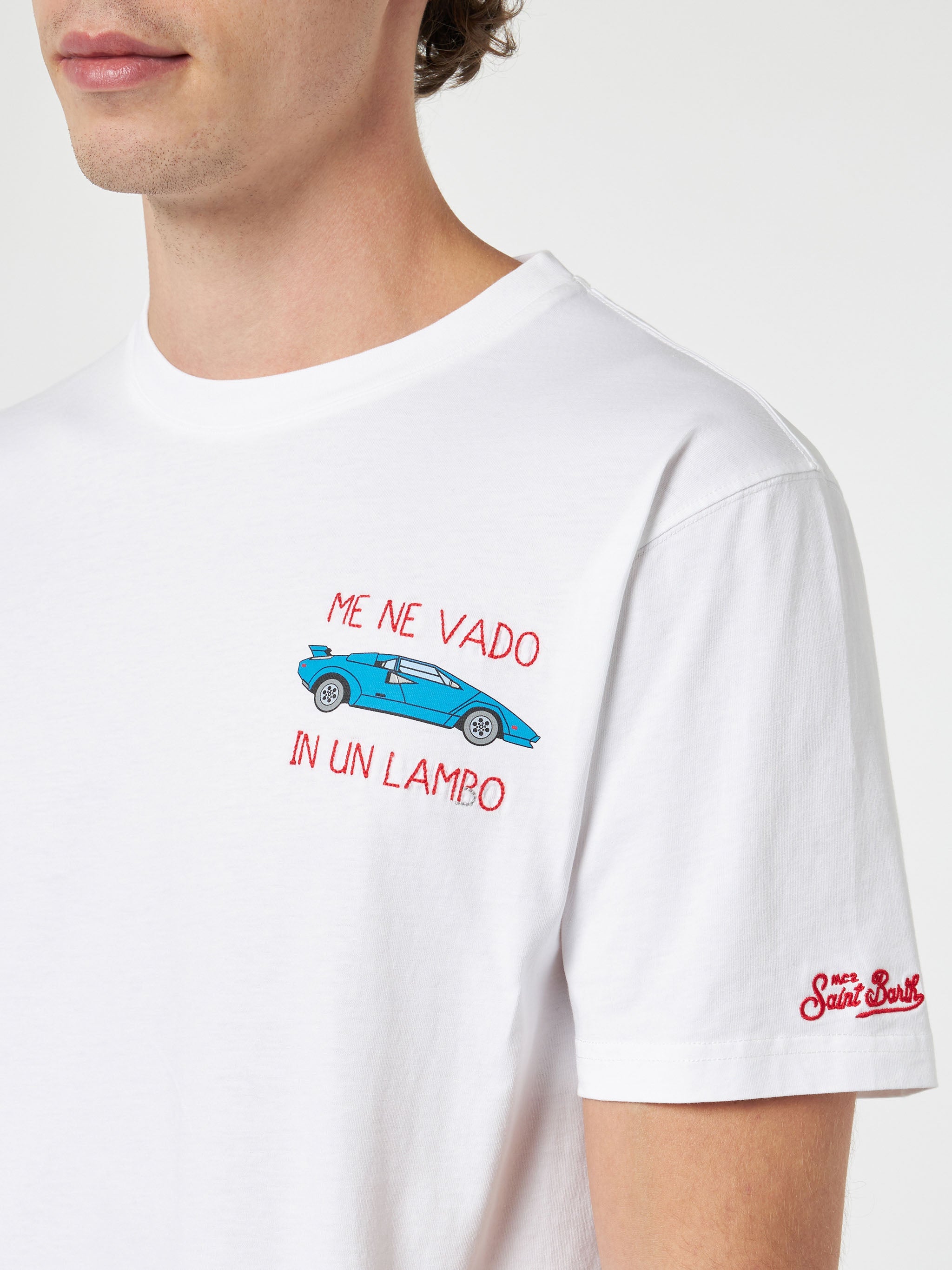 Man Cotton T-Shirt With Me Ne Vado Un Lambo Embroidery And Car Placed Print White