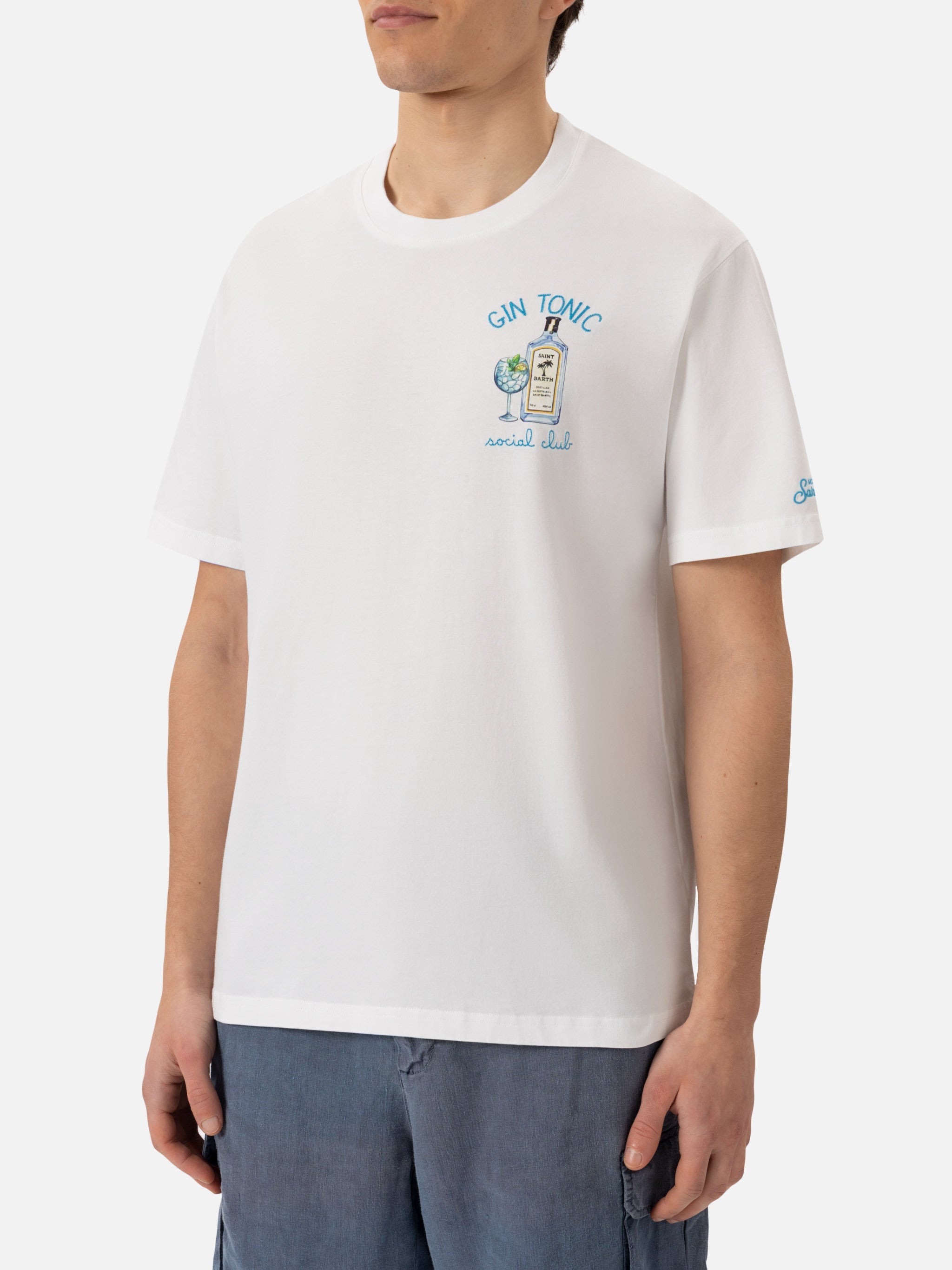 Organic Cotton T-Shirt With Gin Tonic Cocktail Social Club Embroidery White