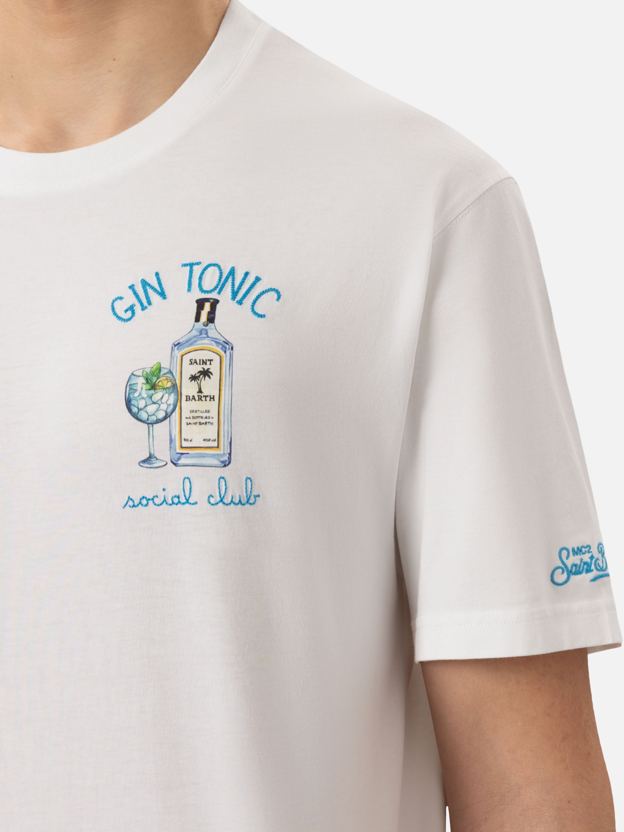 Organic Cotton T-Shirt With Gin Tonic Cocktail Social Club Embroidery White