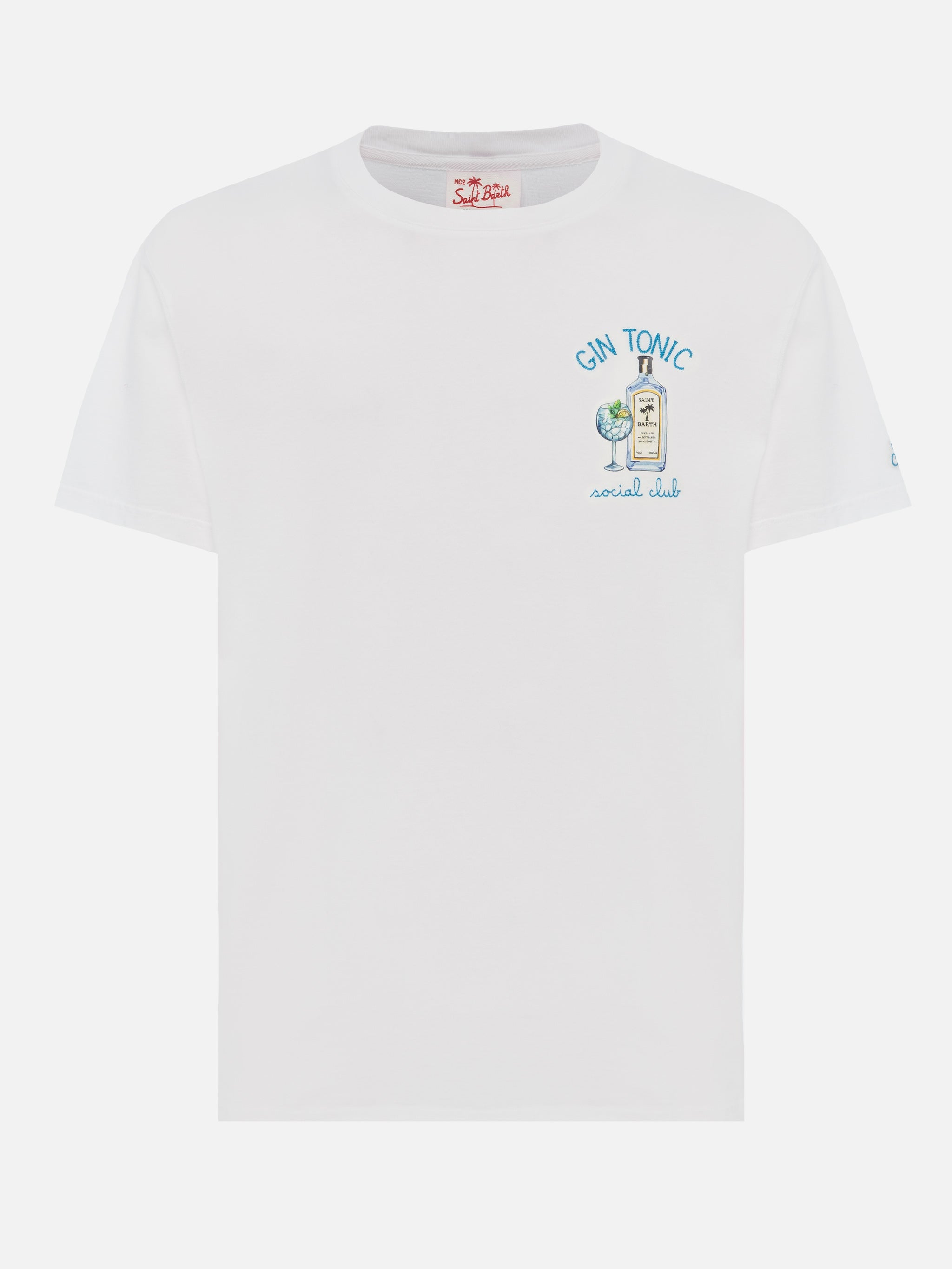 Organic Cotton T-Shirt With Gin Tonic Cocktail Social Club Embroidery White