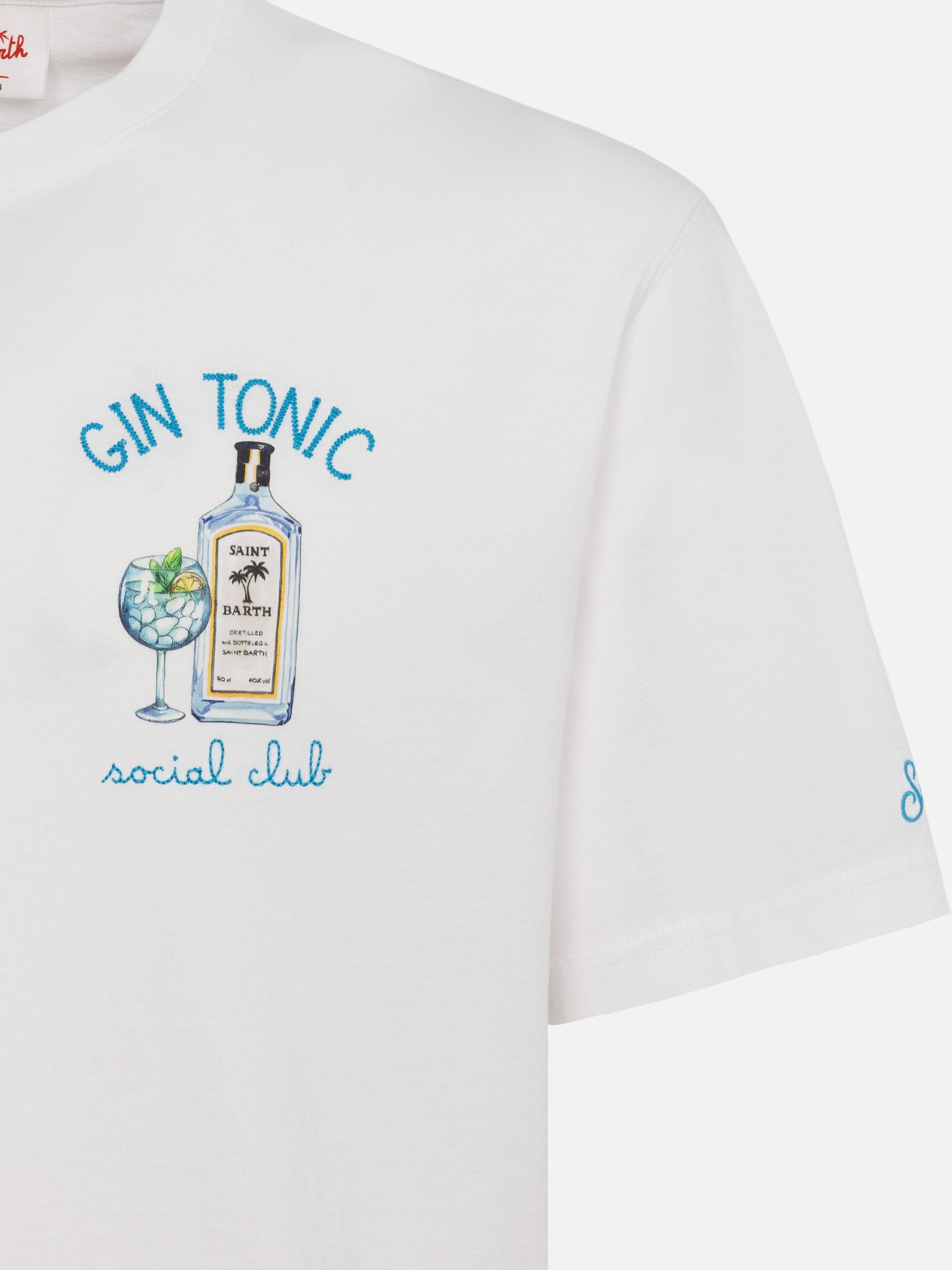 Organic Cotton T-Shirt With Gin Tonic Cocktail Social Club Embroidery White